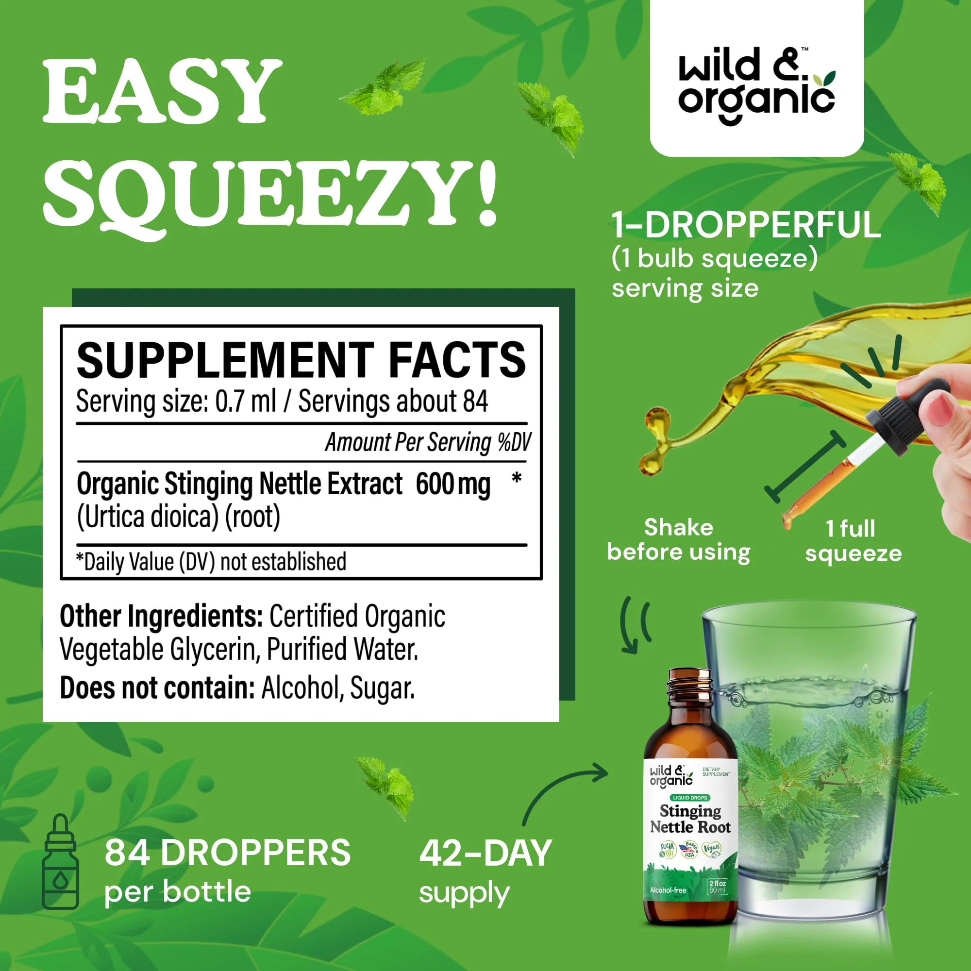 Wild & Organic Stinging Nettle Root Drops - Stinging Nettle Extract Tincture for Men & Women - Liquid Urtica Dioica Supplement - Vegan, Sugar & Alcohol-Free - 2 fl oz - Image 8