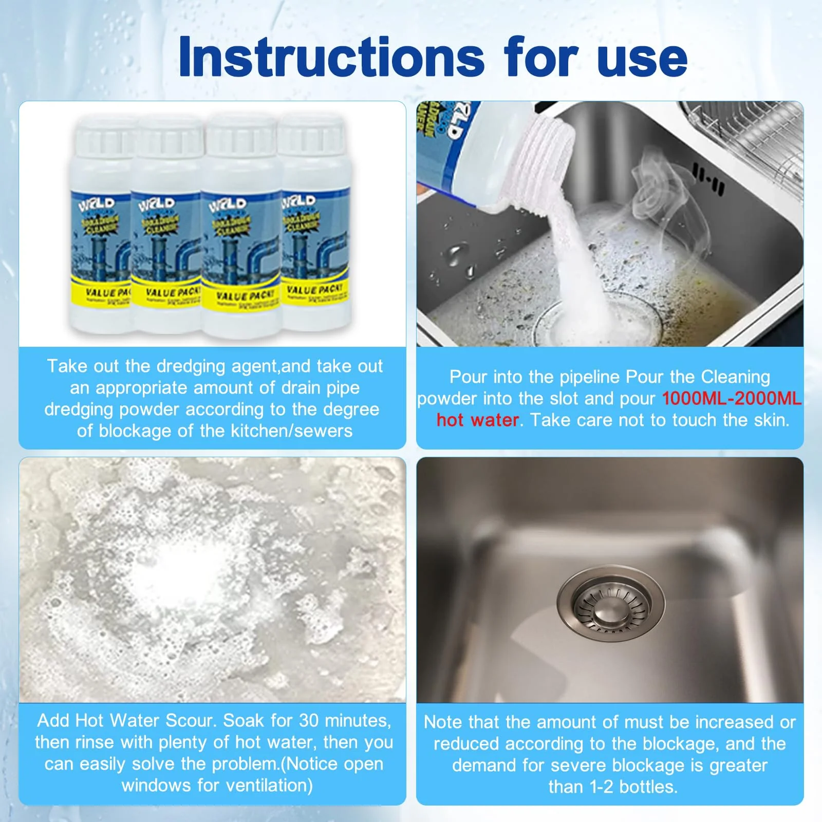 Wild Tornado Pipe Dredge, Powerful Sink and Drain Cleaner Powder, Fast Foaming Drain Cleaner for Kitchen and Pipes Cleaning Tool - Image 3