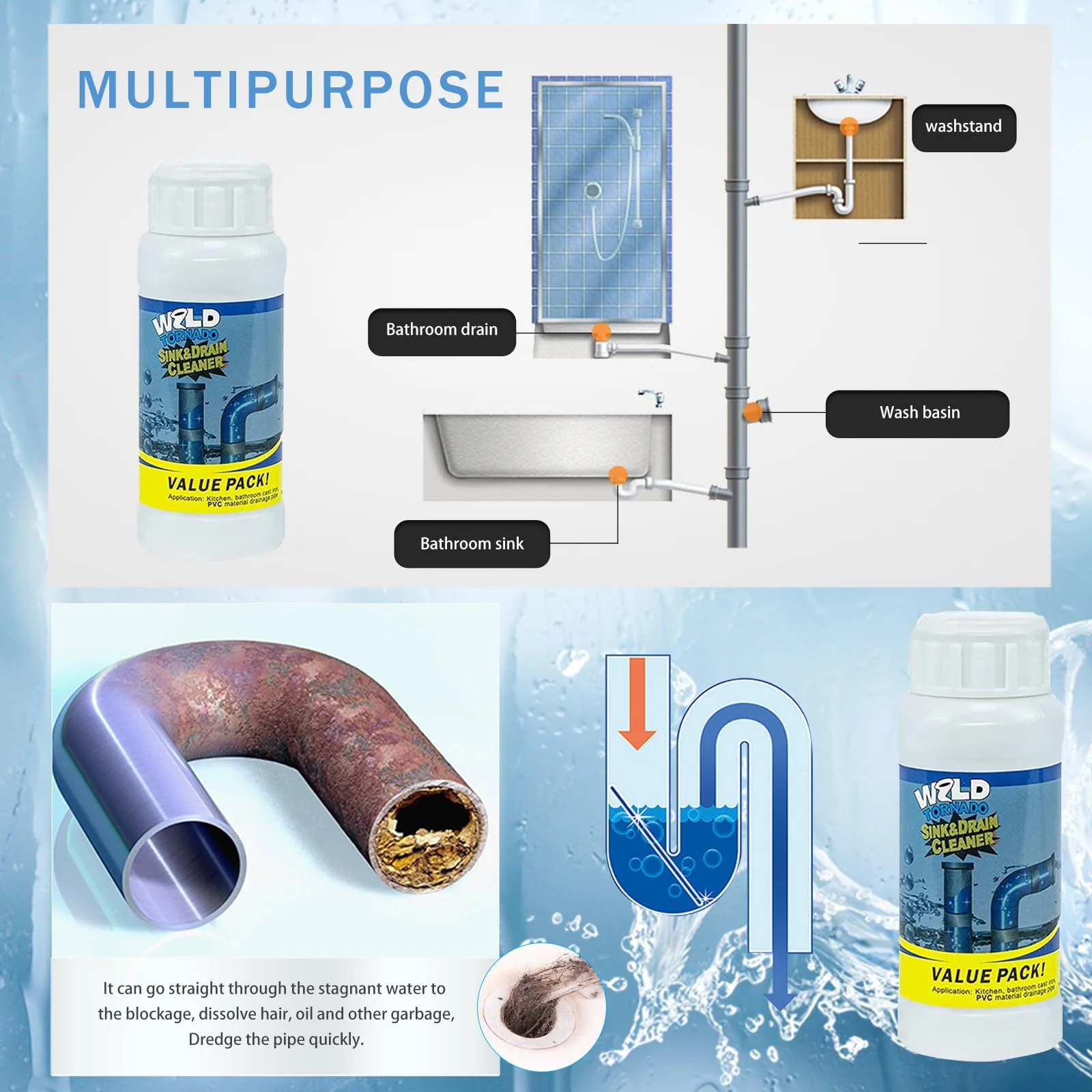Wild Tornado Pipe Dredge, Powerful Sink and Drain Cleaner Powder, Fast Foaming Drain Cleaner for Kitchen and Pipes Cleaning Tool - Image 6