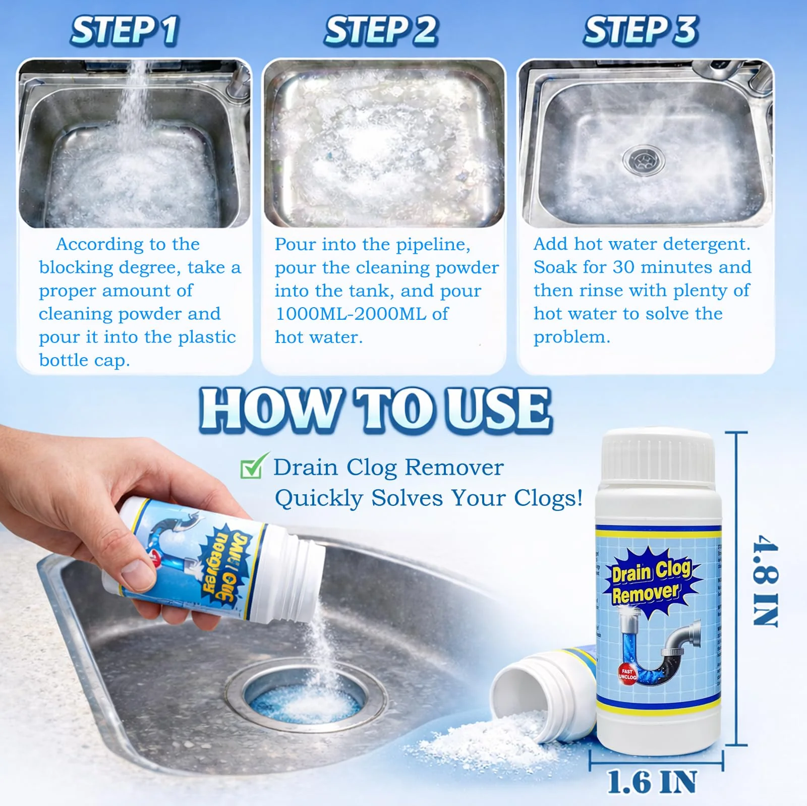 Wild Tornado Pipe Dredge, Powerful Sink and Drain Cleaner Powder, Fast Foaming Drain Cleaner for Kitchen and Pipes Cleaning Tool Clog Remover - Image 5
