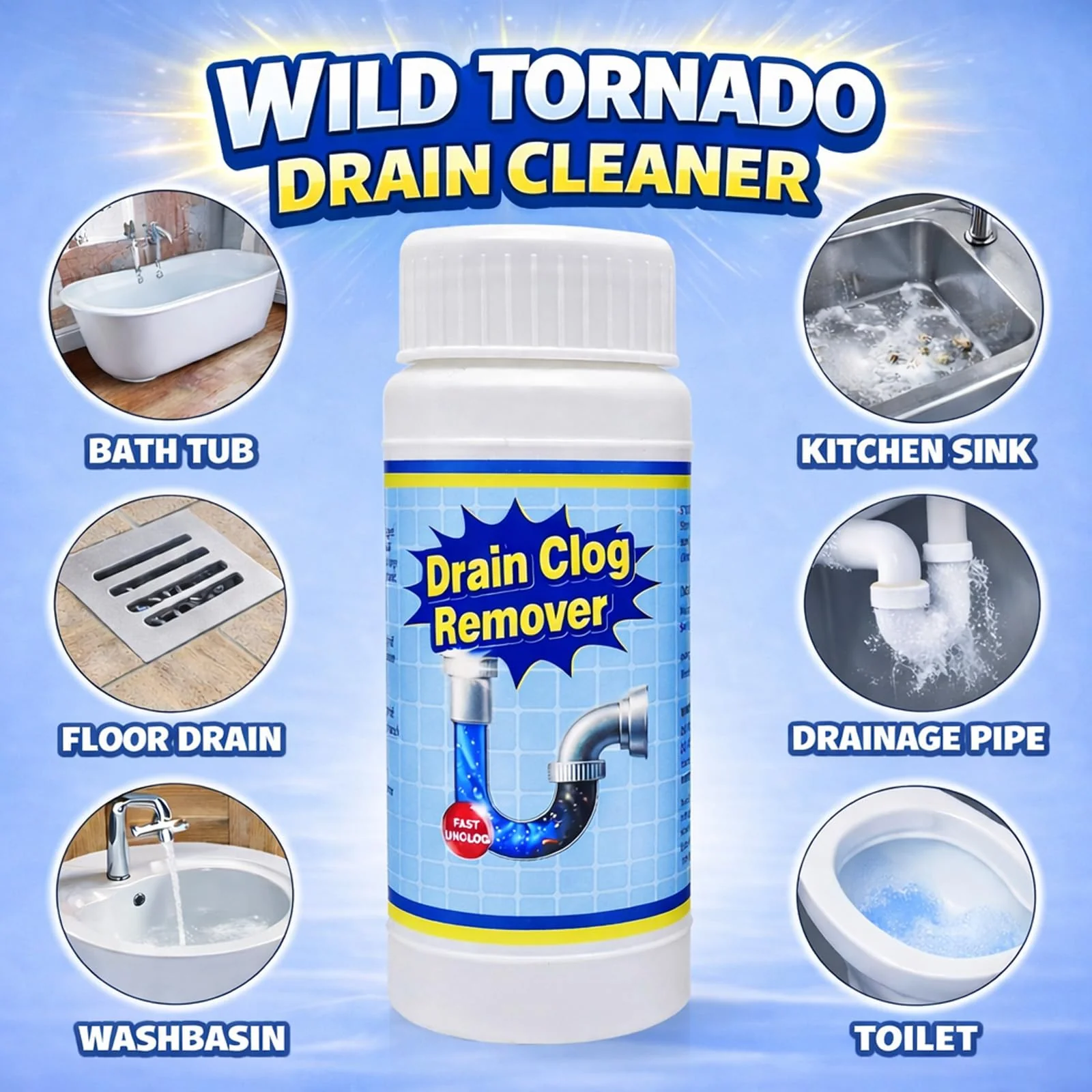 Wild Tornado Pipe Dredge, Powerful Sink and Drain Cleaner Powder, Fast Foaming Drain Cleaner for Kitchen and Pipes Cleaning Tool Clog Remover - Image 6