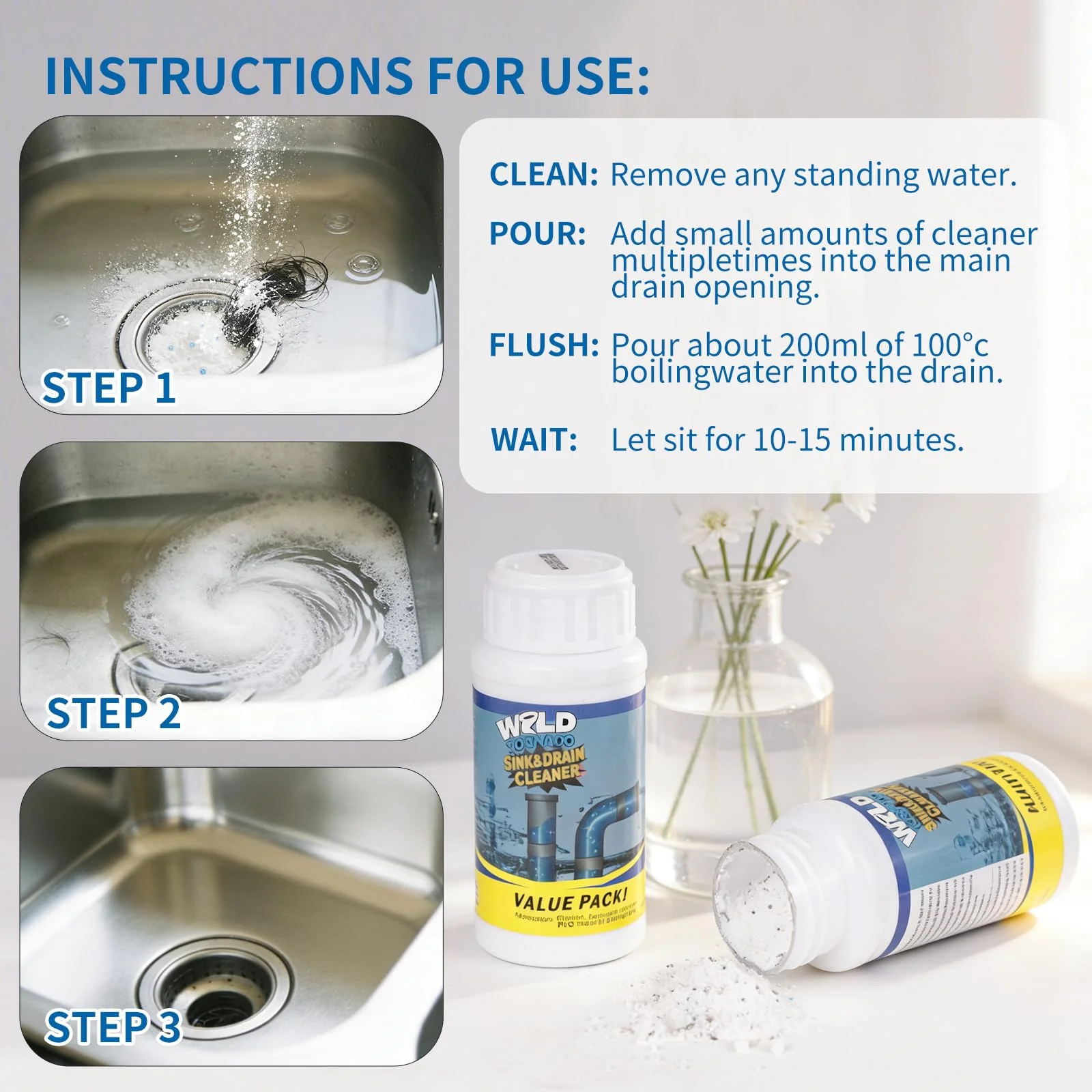 Wild Tornado Sink and Drain Cleaner, Wild Tornado Pipe Dredge, Powerful Sink and Drain Cleaner Powder, Fast Foaming for Kitchen Toilet Pipeline Quick Cleaning Tool (4PC) - Image 5