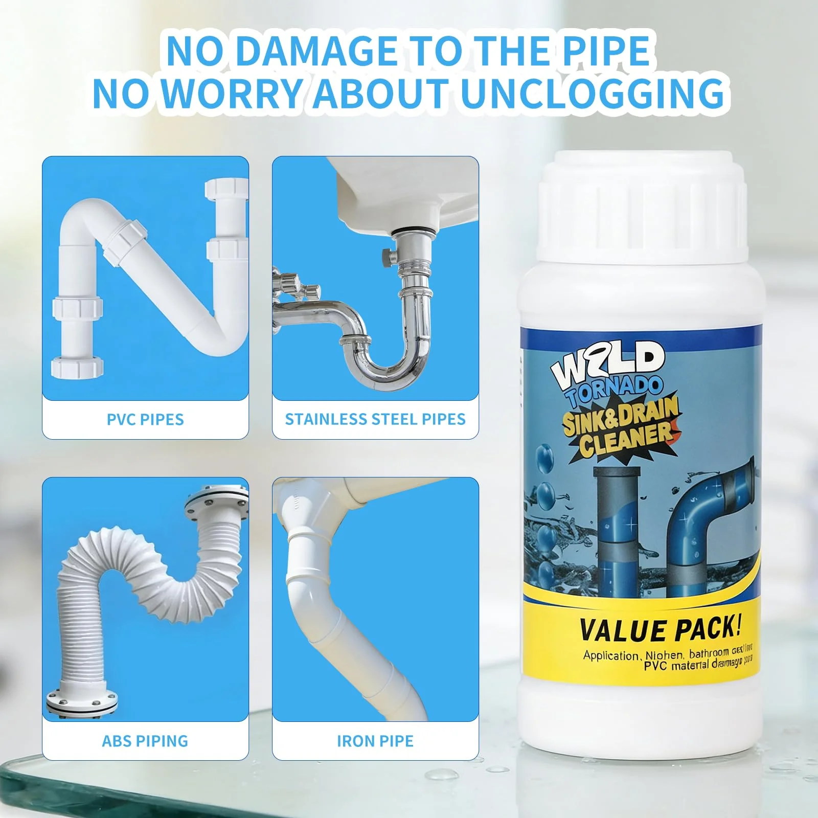 Wild Tornado Sink and Drain Cleaner, Wild Tornado Pipe Dredge, Powerful Sink and Drain Cleaner Powder, Fast Foaming for Kitchen Toilet Pipeline Quick Cleaning Tool (4PC) - Image 7