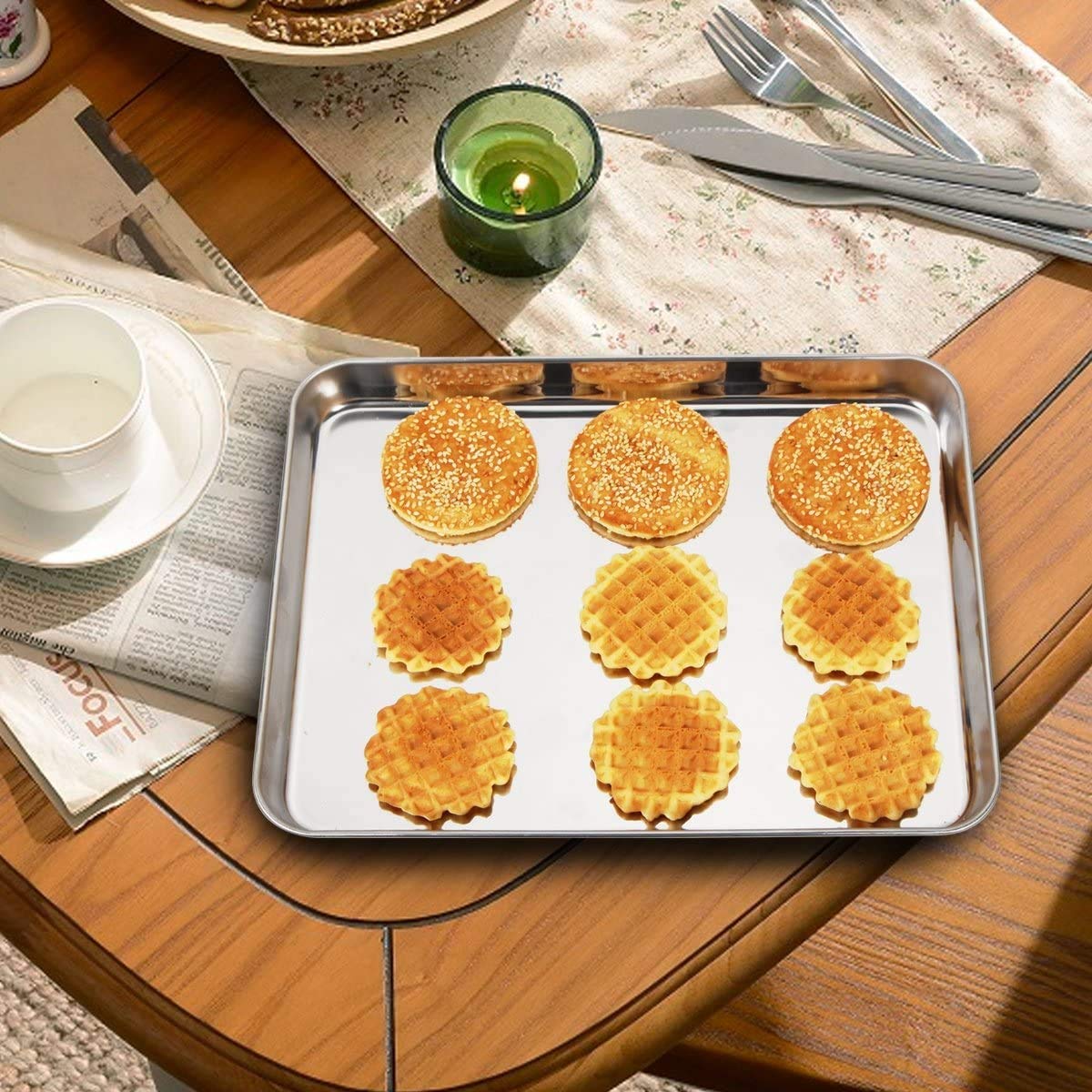 Wildone Baking Sheet with Rack Set [2 Sheets + 2 Racks], Stainless Steel Cookie Pan baking Tray with Cooling Rack, Size 10 x 8 x 1 Inch, Non Toxic & Heavy Duty & Easy Clean - Image 3
