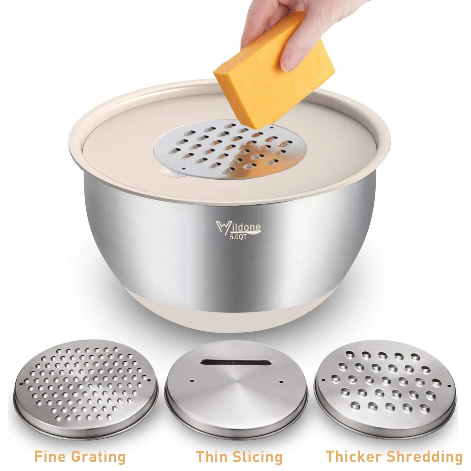 Wildone Mixing Bowls with Airtight Lids Set, 5PCS Stainless Steel Khaki Nesting Bowls for Kitchen, with Grater Attachments & Non-Slip Bottoms, Size 5, 3, 2, 1.5, 0.63 QT, Great for Mixing & Serving - Image 6