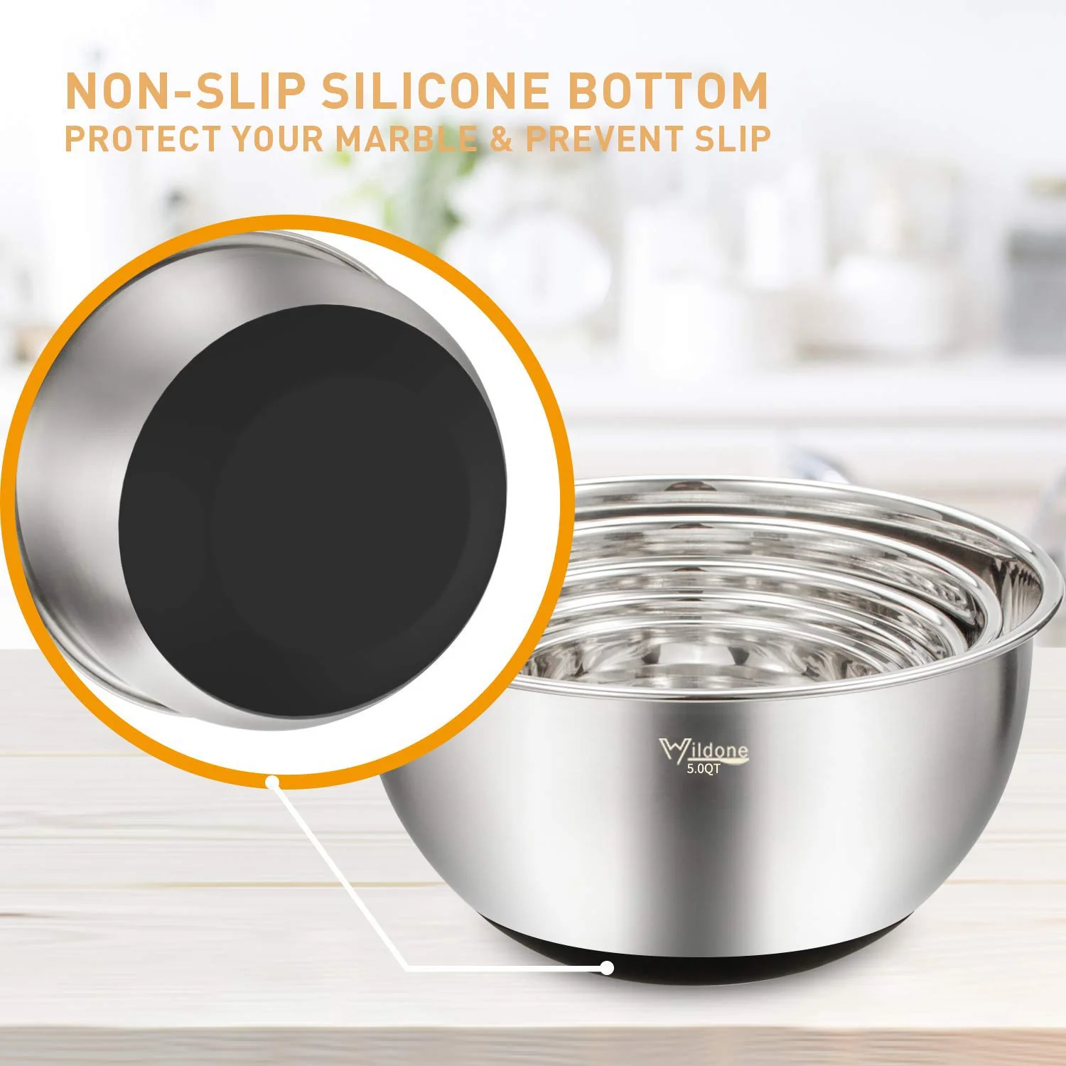 Wildone Mixing Bowls with Airtight Lids Set, 5PCS Stainless Steel Nesting Bowls for Kitchen, with Grater Attachments & Non-Slip Bottoms, Size 5, 3, 2, 1.5, 0.63 QT, Great for Mixing & Serving - Image 4
