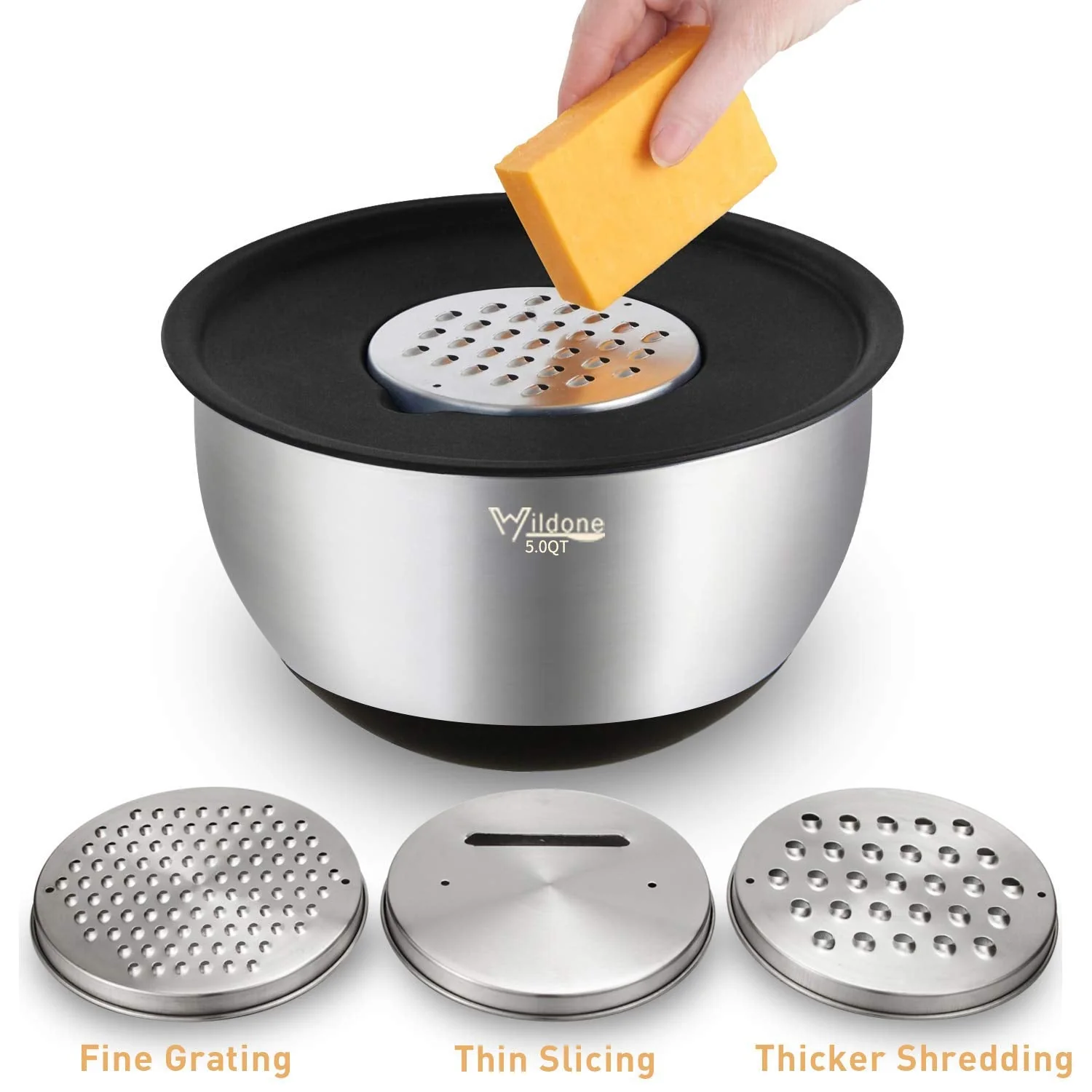 Wildone Mixing Bowls with Airtight Lids Set, 5PCS Stainless Steel Nesting Bowls for Kitchen, with Grater Attachments & Non-Slip Bottoms, Size 5, 3, 2, 1.5, 0.63 QT, Great for Mixing & Serving - Image 6