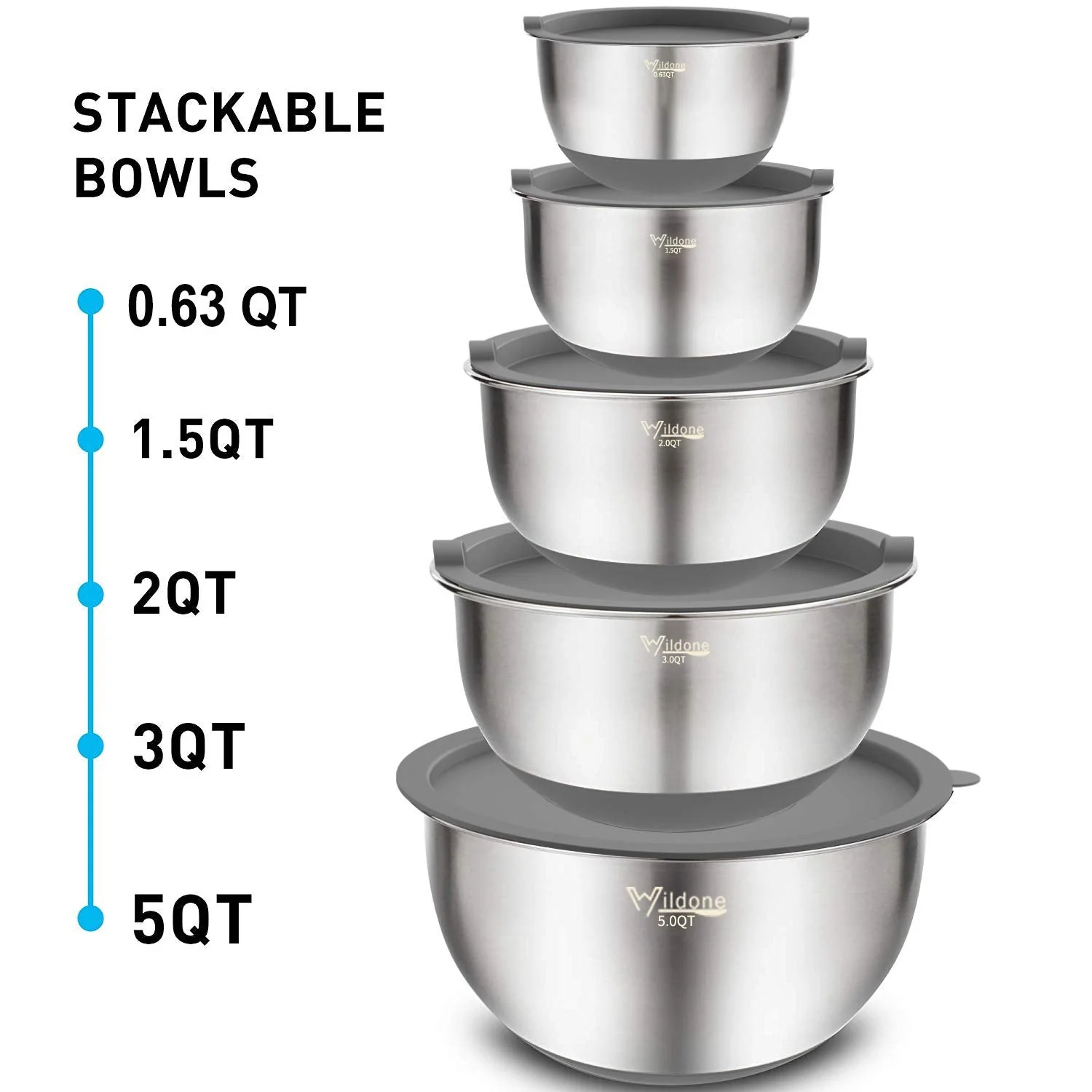 Wildone Mixing Bowls with Airtight Lids Set, 5PCS Stainless Steel Nesting Bowls Set for Kitchen, with Grater Attachments & Non-Slip Bottoms, Size 5, 3, 2, 1.5, 0.63 QT, Great for Baking & Serving - Image 2