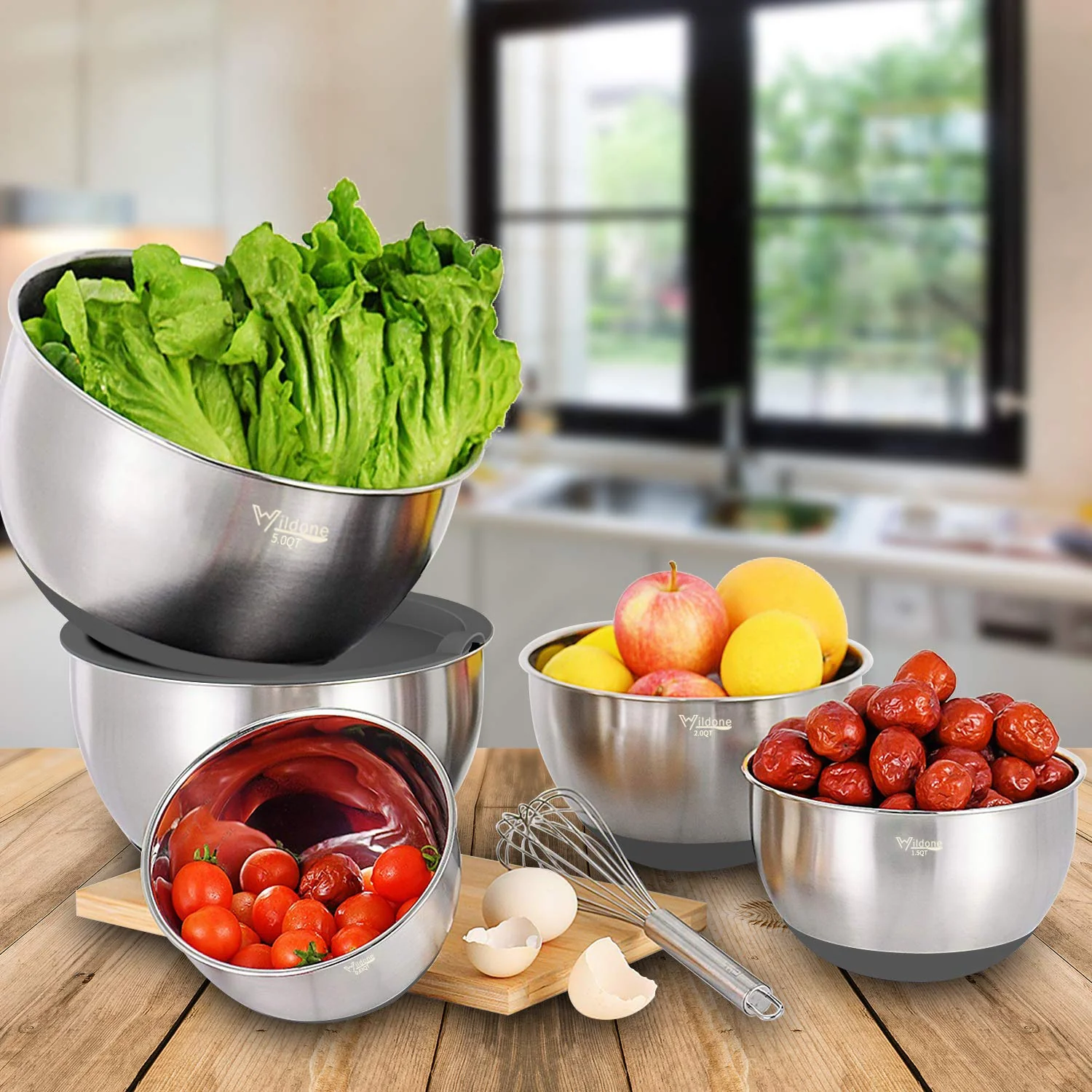 Wildone Mixing Bowls with Airtight Lids Set, 5PCS Stainless Steel Nesting Bowls Set for Kitchen, with Grater Attachments & Non-Slip Bottoms, Size 5, 3, 2, 1.5, 0.63 QT, Great for Baking & Serving - Image 3