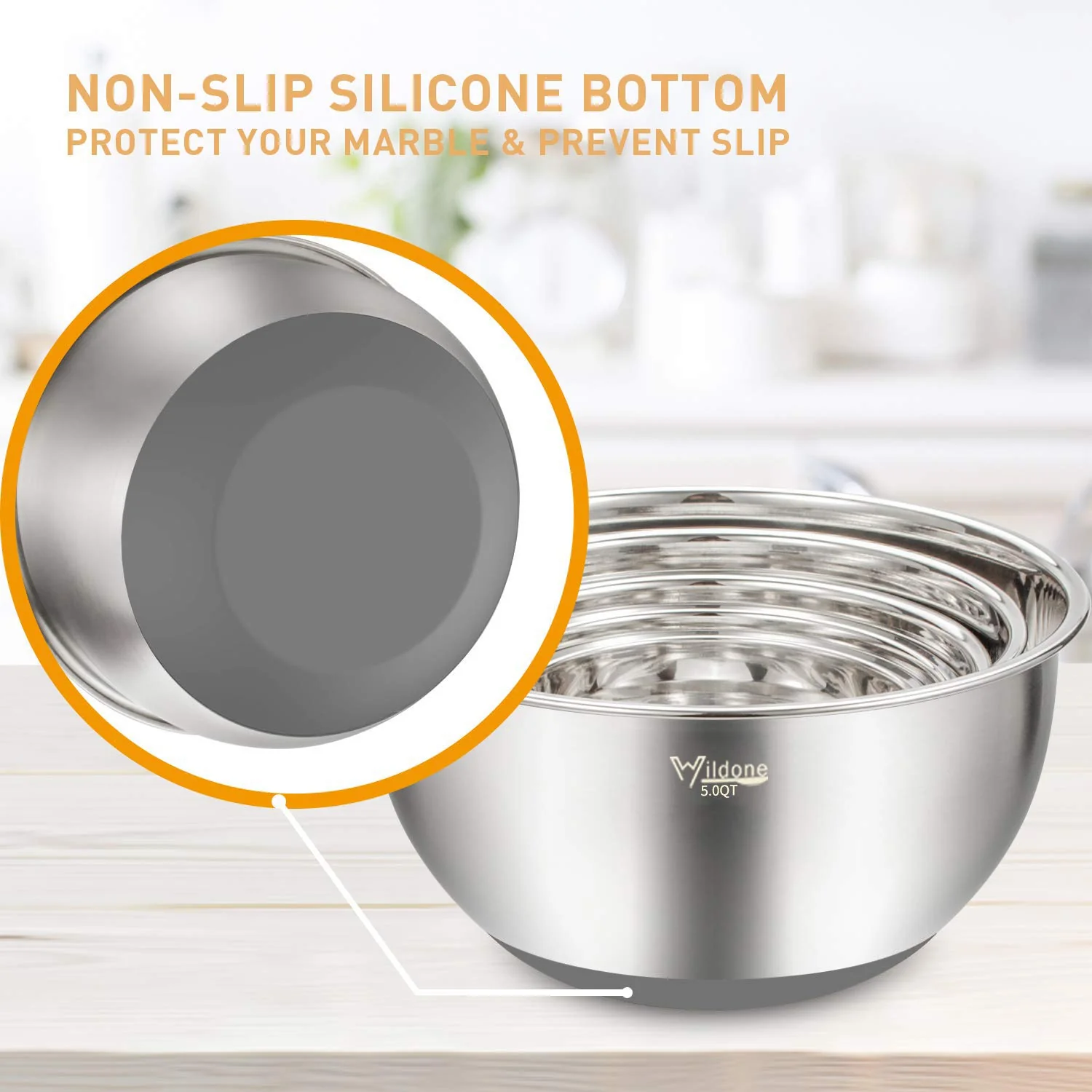 Wildone Mixing Bowls with Airtight Lids Set, 5PCS Stainless Steel Nesting Bowls Set for Kitchen, with Grater Attachments & Non-Slip Bottoms, Size 5, 3, 2, 1.5, 0.63 QT, Great for Baking & Serving - Image 4