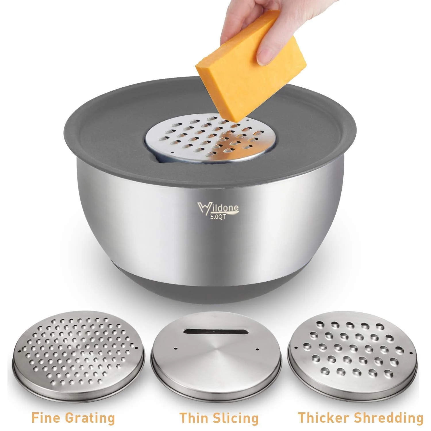 Wildone Mixing Bowls with Airtight Lids Set, 5PCS Stainless Steel Nesting Bowls Set for Kitchen, with Grater Attachments & Non-Slip Bottoms, Size 5, 3, 2, 1.5, 0.63 QT, Great for Baking & Serving - Image 6