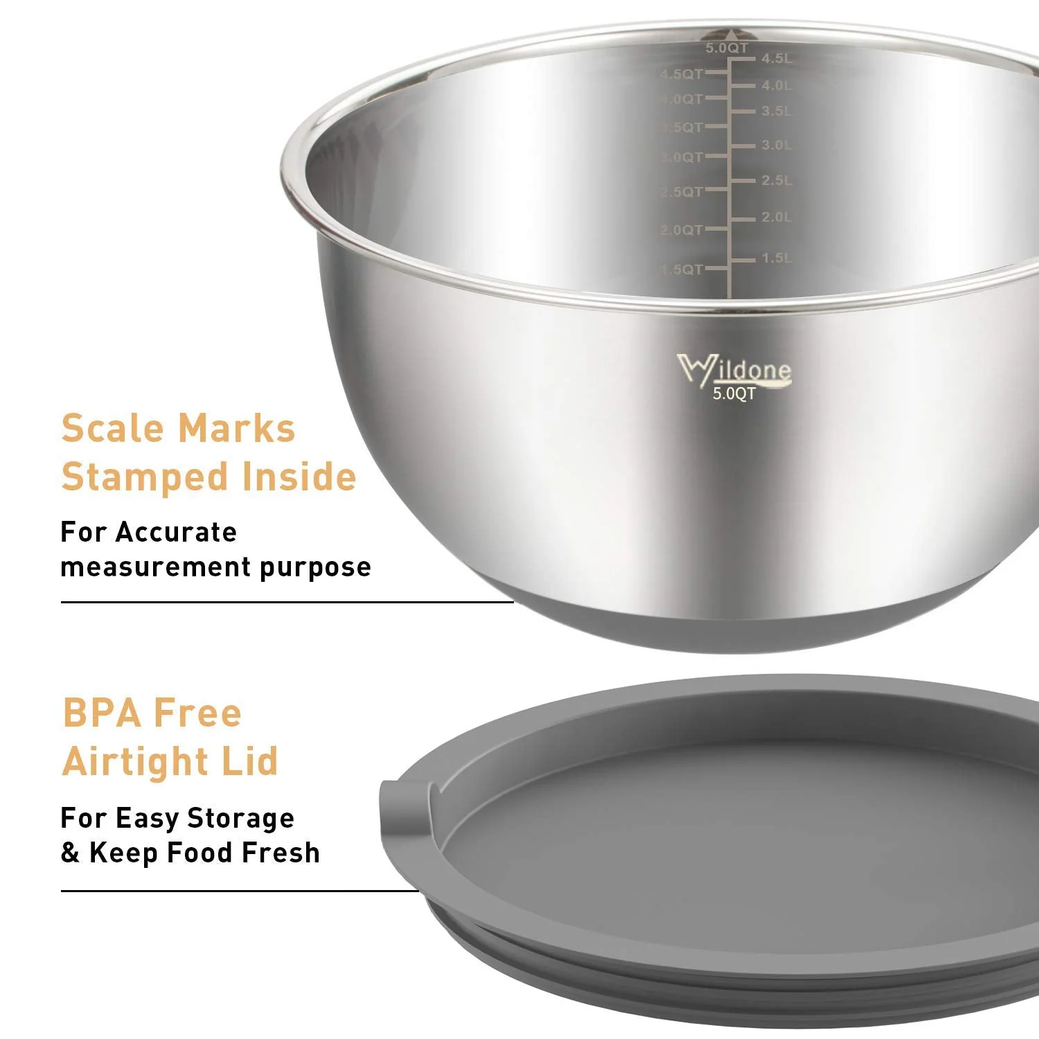 Wildone Mixing Bowls with Airtight Lids Set, 5PCS Stainless Steel Nesting Bowls Set for Kitchen, with Grater Attachments & Non-Slip Bottoms, Size 5, 3, 2, 1.5, 0.63 QT, Great for Baking & Serving - Image 7