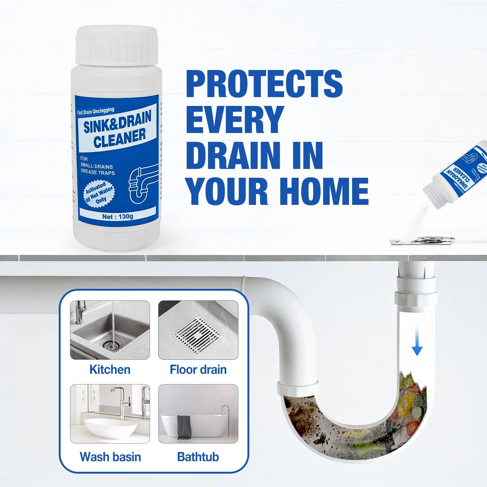 Wind in Hand Sink and Drain Cleaner Powder: All-Purpose Pipe Opener for Kitchen Bathroom Pipes and Floor Drains – Reliable Drain Clog Remover for Home Plumbing Maintenance(4 pack) - Image 5