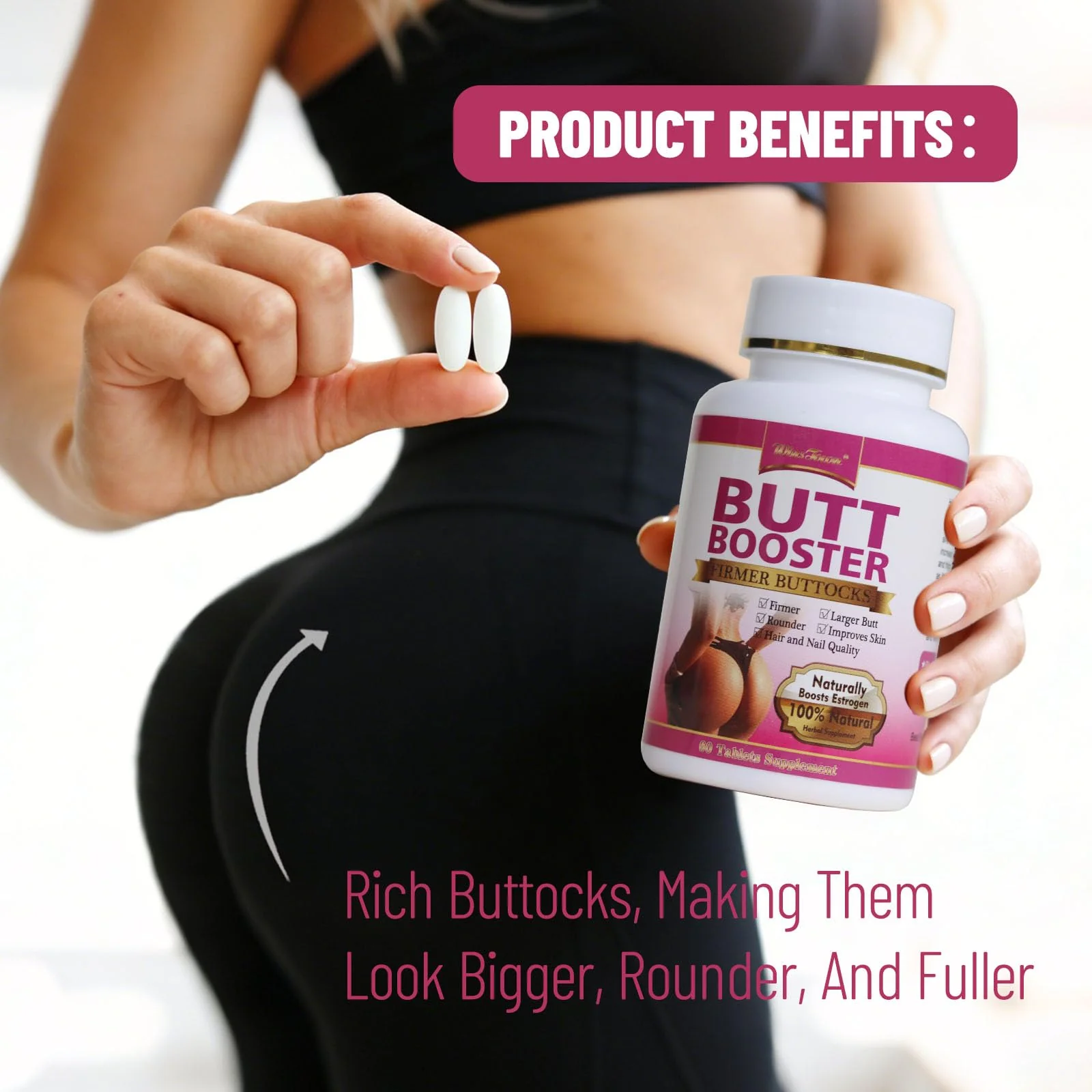 Wins Town Butt Booster Pills, Mention Buttocks Herbal Supplements, Plump Hips Enhancement Firming and Seductive, 60 Tablets - Image 3
