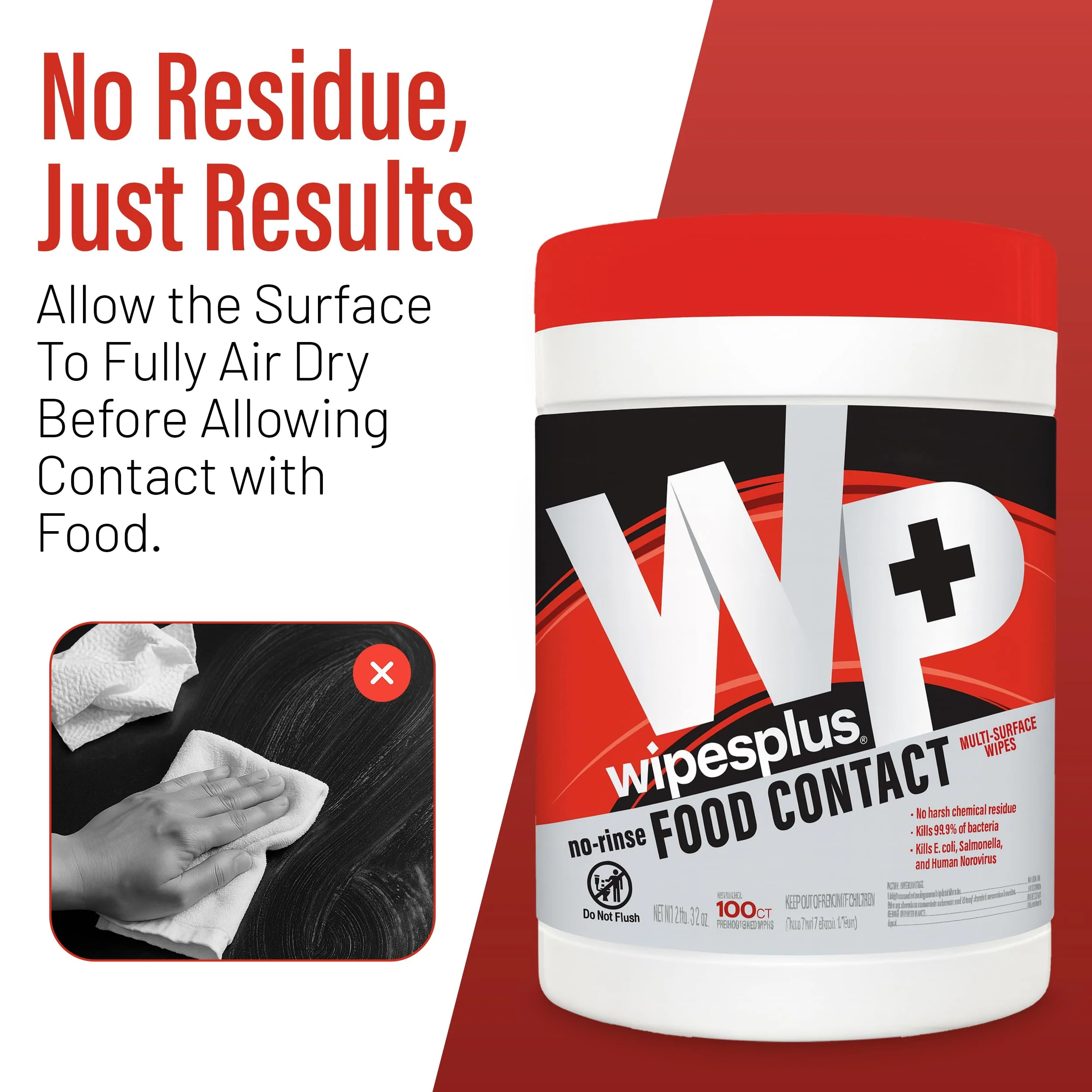 WIPESPLUS No-Rinse Food Contact Wipes Canister Multi-Surface Wipes, Unscented for Home and Business, 600, (6 Packs of 100) - Image 4