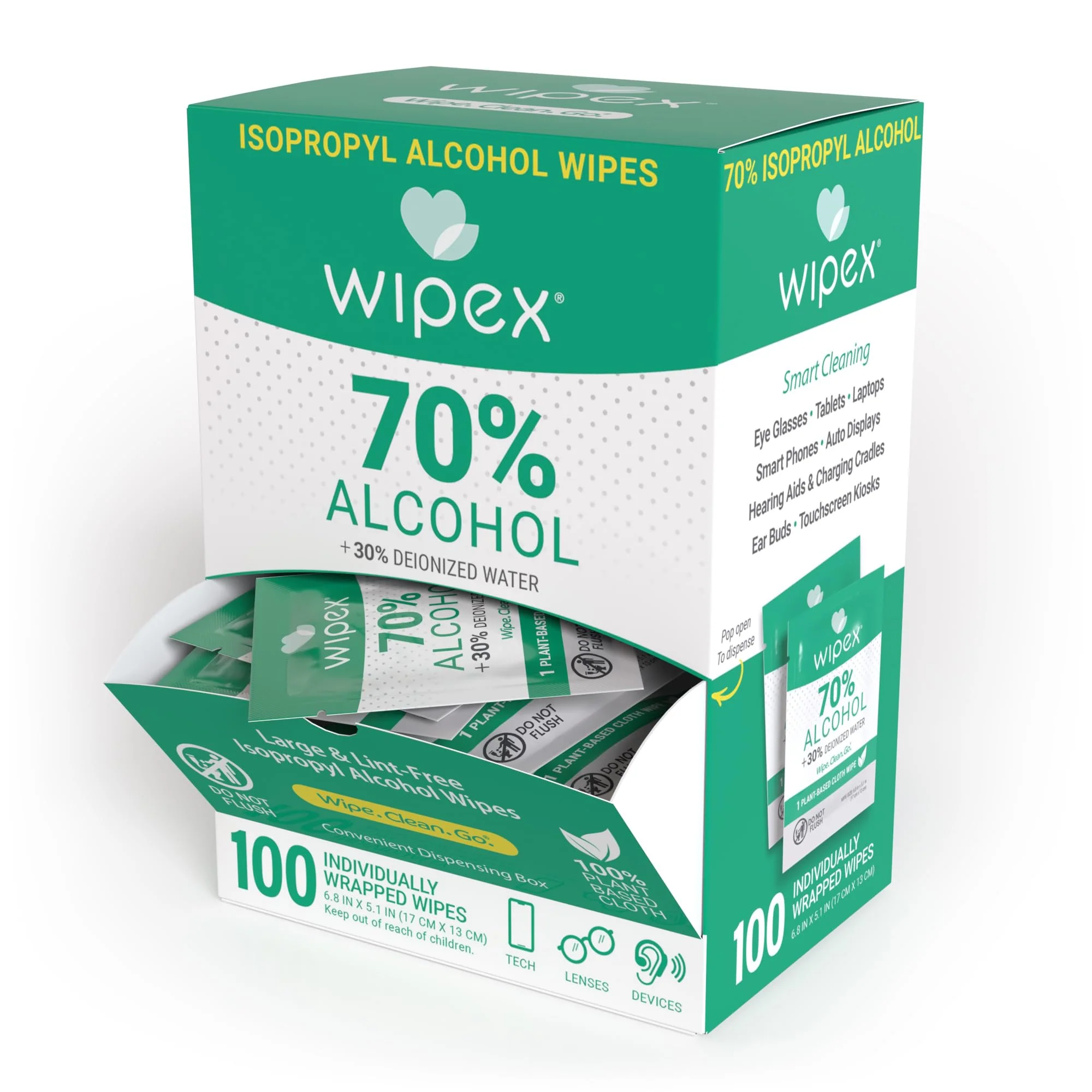 Wipex 70% Isopropyl Alcohol Wipes - Individually Wrapped Sachets, Electronic & Tech Wipes in Dispensing Box, 100 Count (Pack of 1)