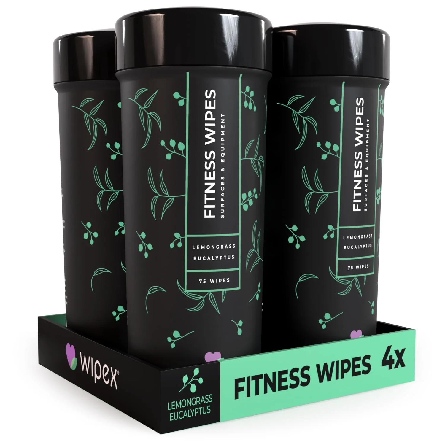 Wipex Natural Wipes for Fitness in Lemongrass & Eucalyptus, Gyms, Yoga, Peloton Cycles, Treadmills and Home, 75 Count (Pack of 4)