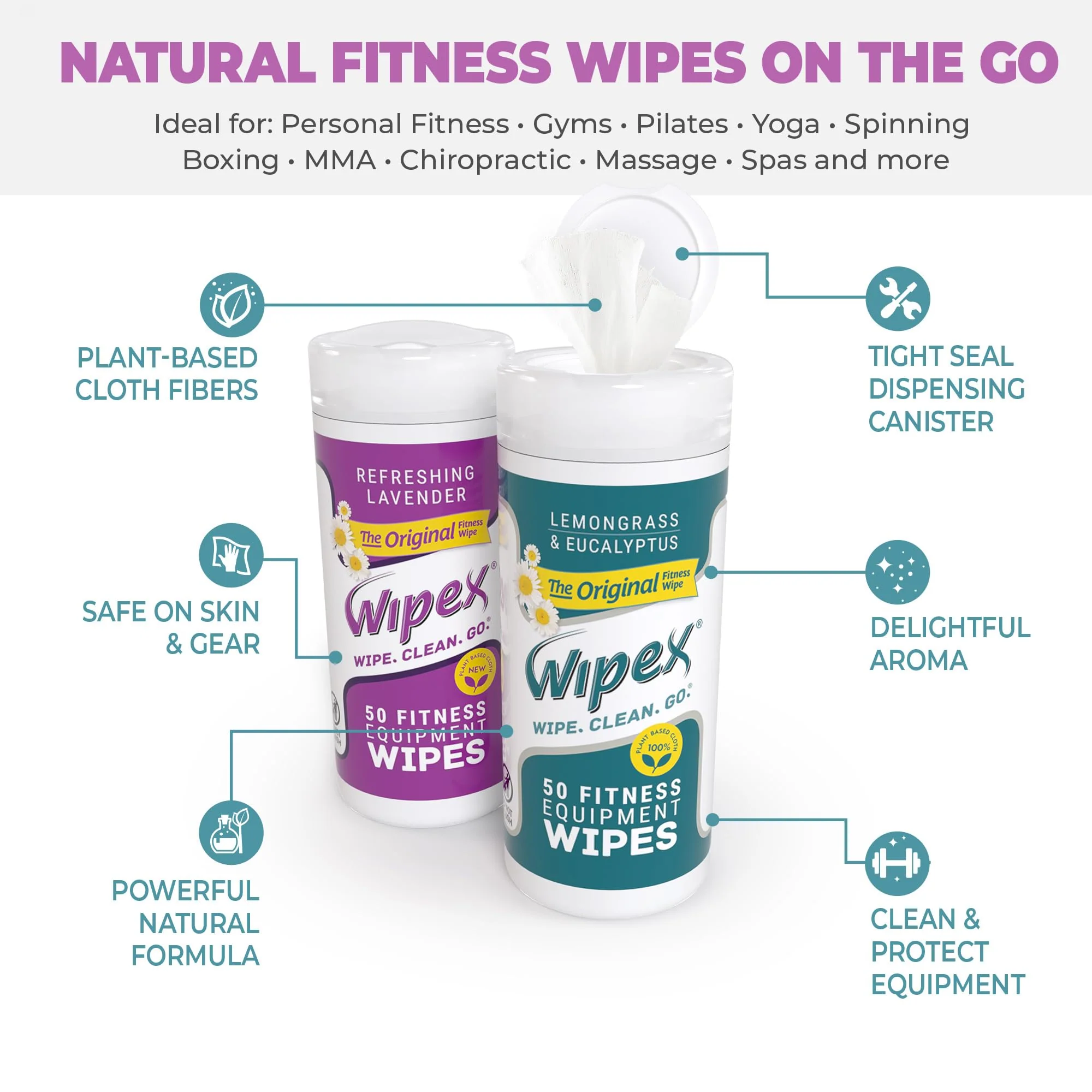 Wipex Original Fitness Equipment Wipes - EWG Verified - 50 Count Plant Based Gym Wipes for Equipment, Yoga Mat Cleaner, Peloton Cleaner, Lemongrass, Eucalyptus & Vinegar (Pack of 12) - Image 9