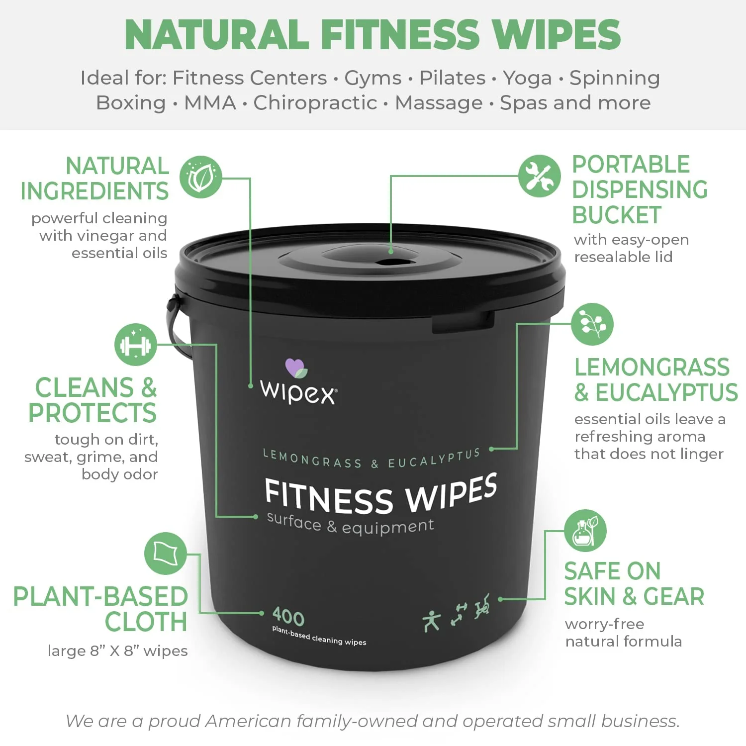 Wipex Yoga Mat Cleaner Wipes, EWG Verified, 400 Ct Plant-Based Lemongrass, Eucalyptus & Vinegar Wipes for Gym & Fitness Equipment & All Purpose Gym Cleaning - Safe for Peloton Bikes & Treadmills - Image 8