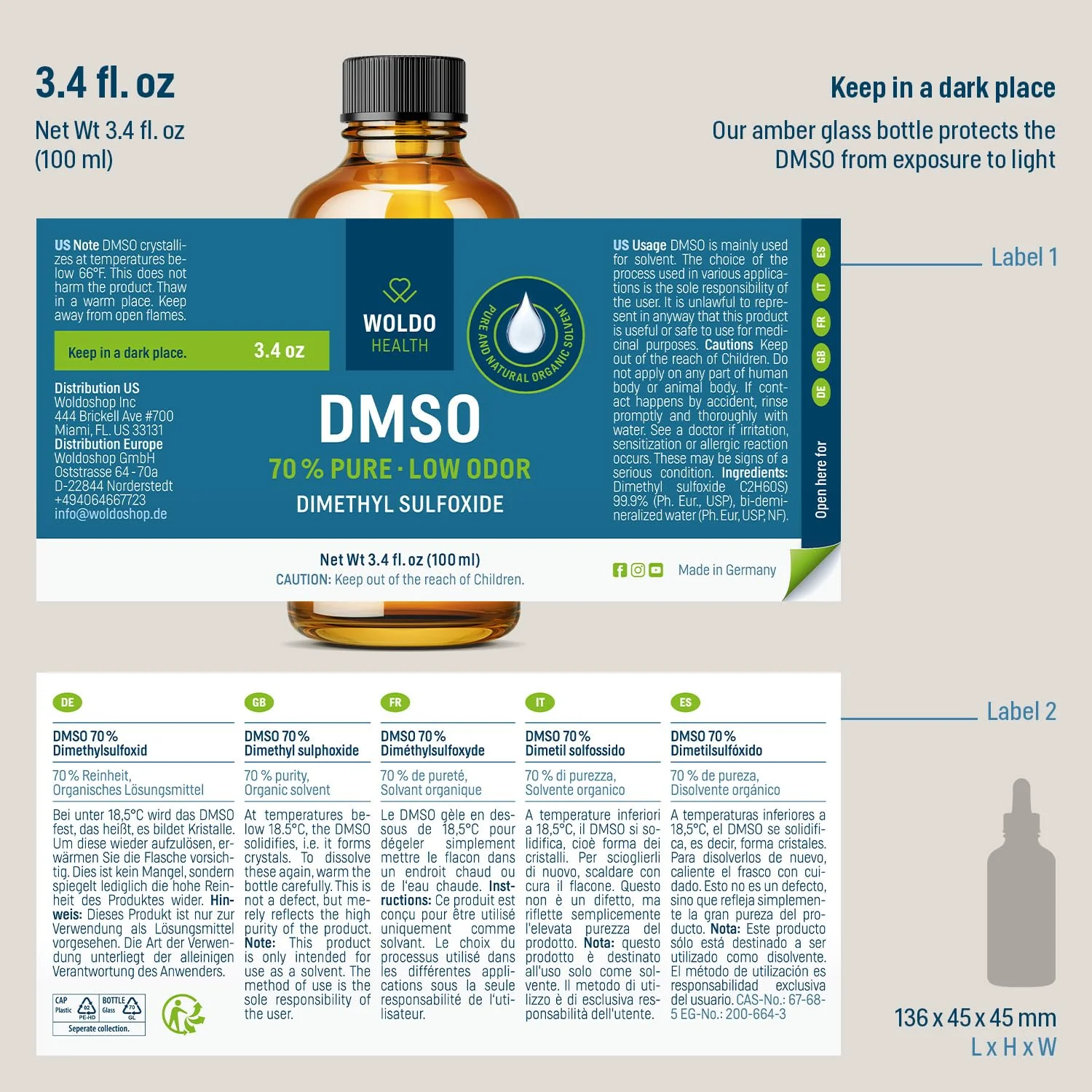 WoldoHealth DMSO 70% with Demineralized Water 30% - Pharmaceutical Grade Glass Bottle 3.38oz with Dropper