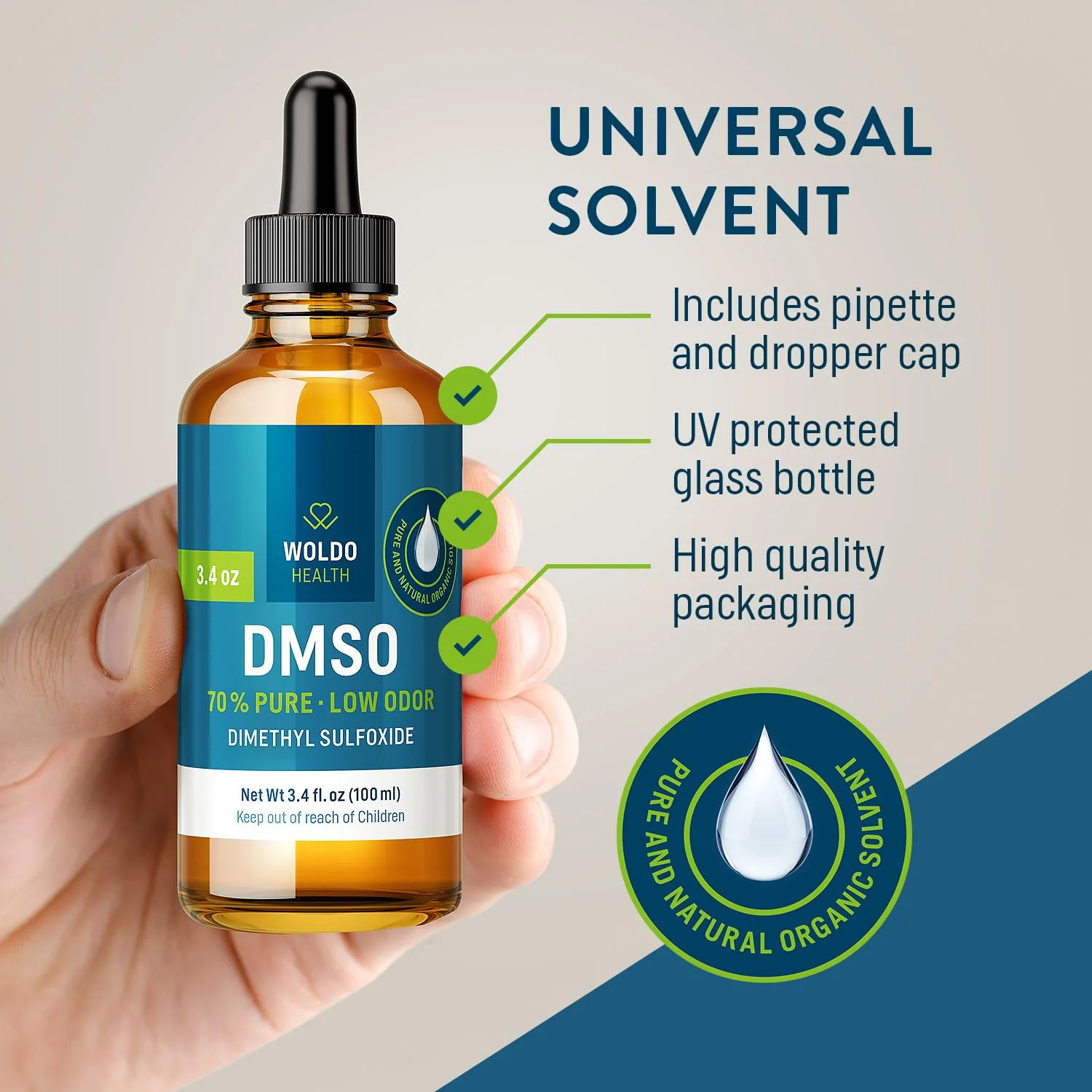 WoldoHealth DMSO 70% with Demineralized Water 30% - Pharmaceutical Grade Glass Bottle 3.38oz with Dropper - Image 3