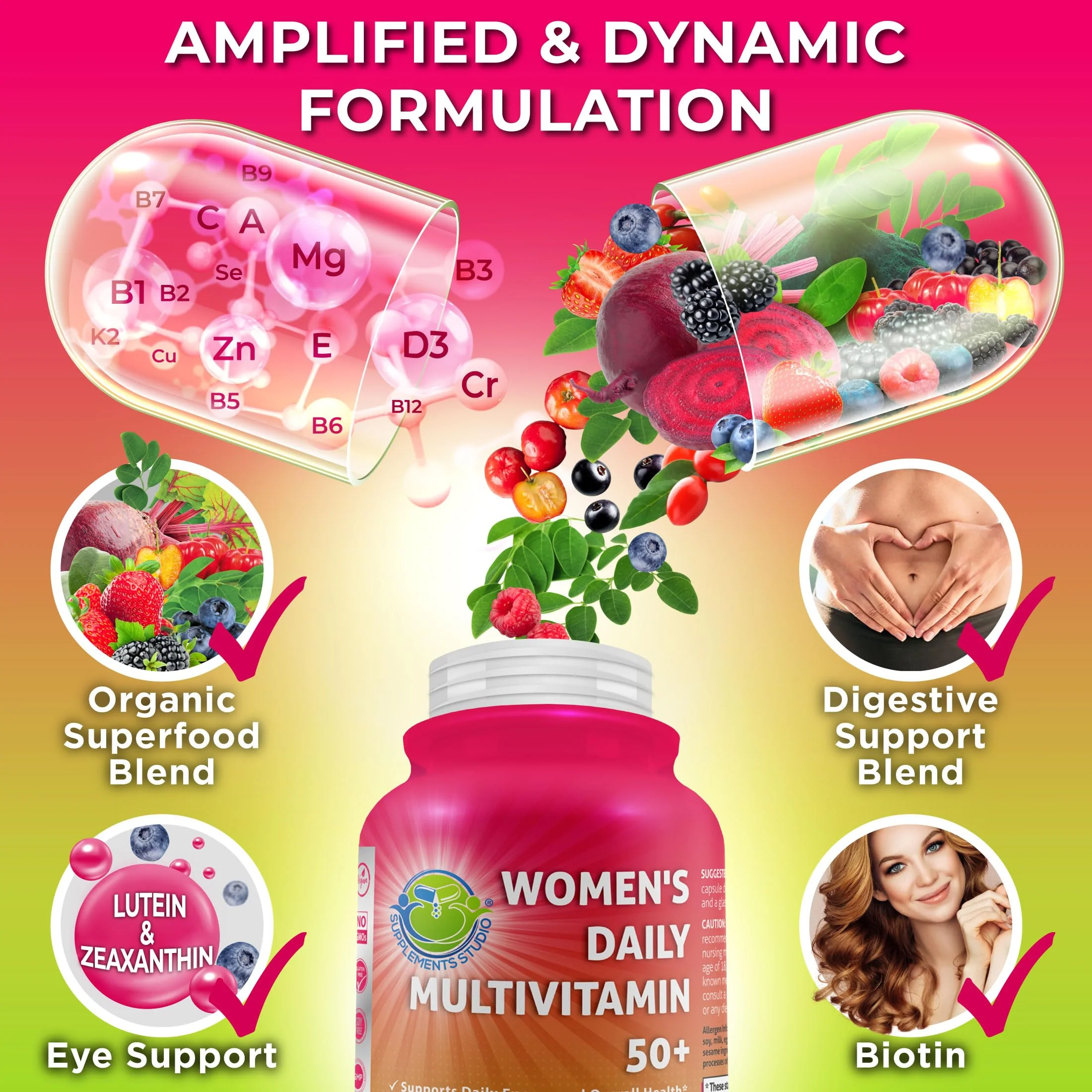 Women's Daily Multivitamin 50 Plus - Vegan Methylated Multivitamin for Women 50 and Over with Biotin, Organic Superfoods & Lutein - Eye, Energy, Gut & Optimal Health Support - Easy to Swallow Capsules - Image 3