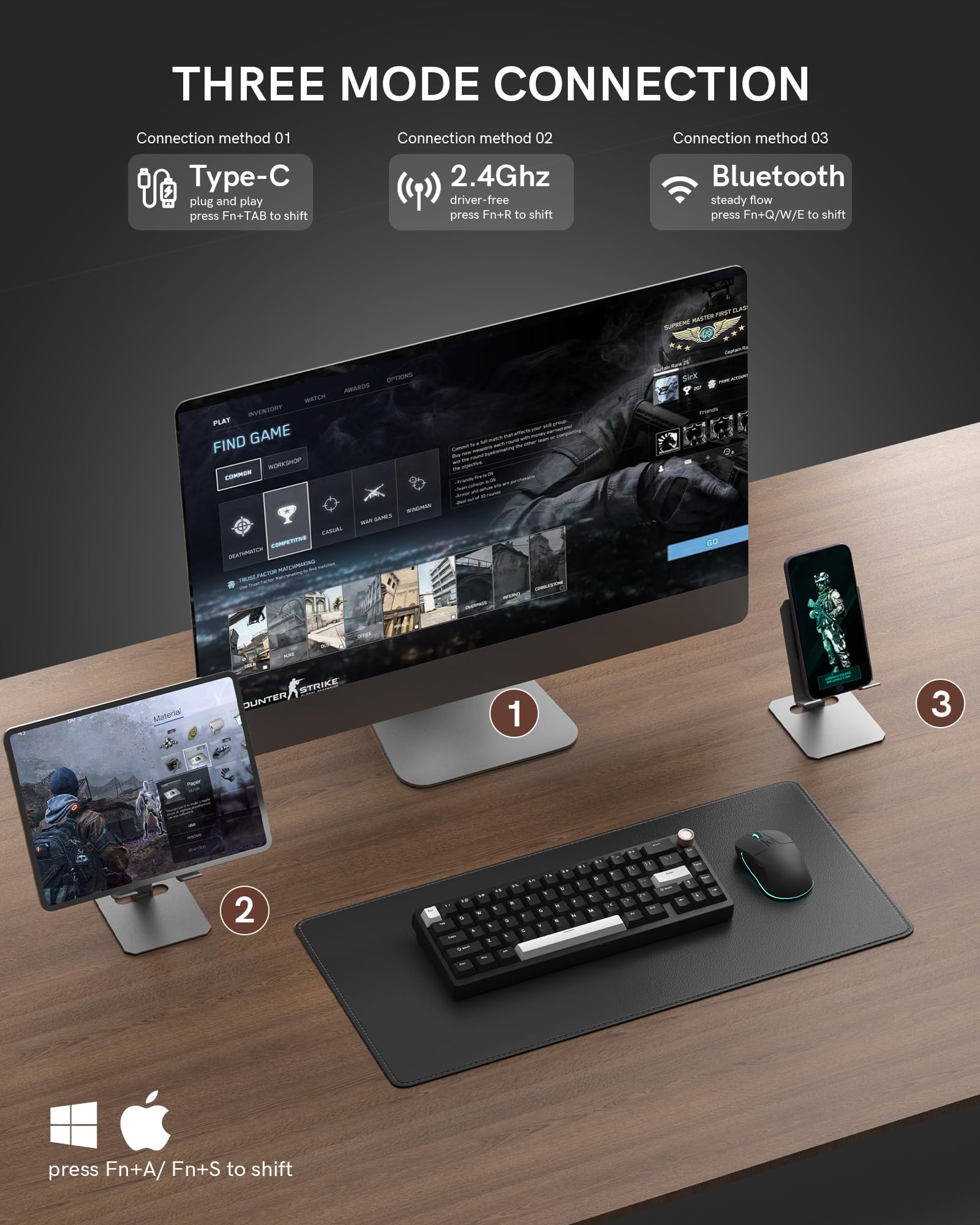 Womier SK65 Wireless Mechanical Gaming Keyboard, 60 Percent Retro Creamy Aluminium Keyboard, Bluetooth 5.0/2.4GHz/USB-C Wired Hot Swappable Custom RGB Backlit for Mac Computer PC (Black) - Image 7