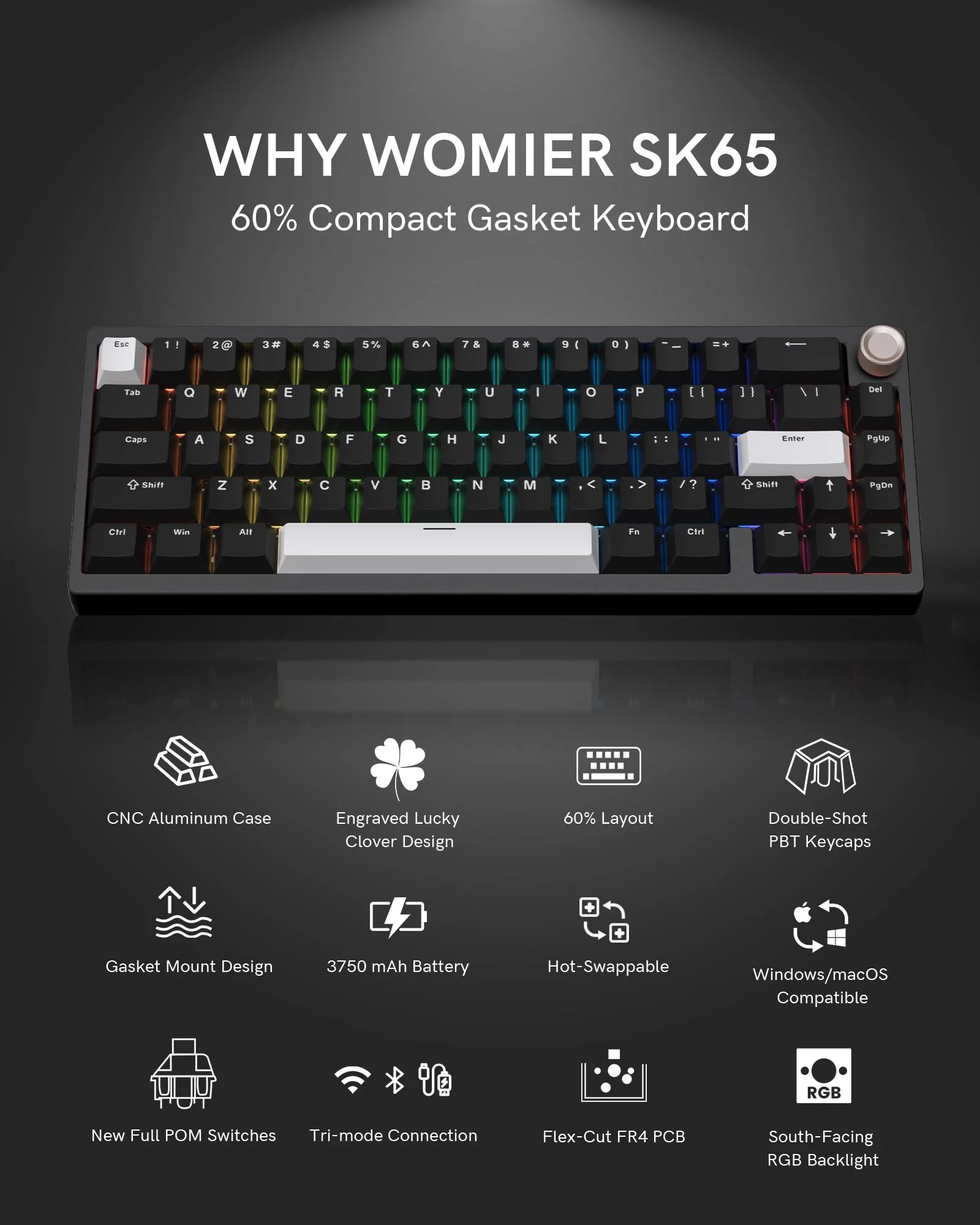 Womier SK65 Wireless Mechanical Gaming Keyboard, 60 Percent Retro Creamy Aluminium Keyboard, Bluetooth 5.0/2.4GHz/USB-C Wired Hot Swappable Custom RGB Backlit for Mac Computer PC (Black) - Image 9
