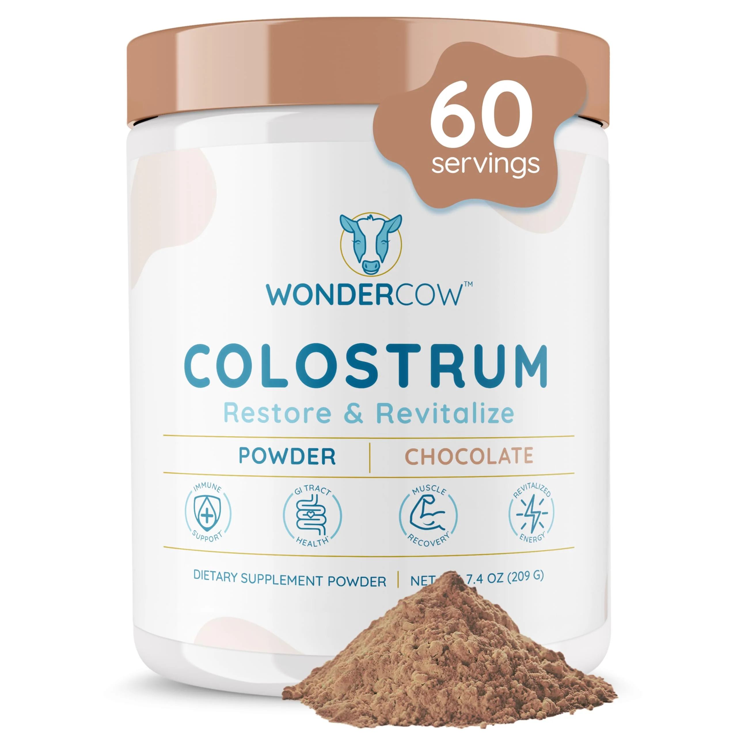 WONDERCOW Colostrum Supplement Powder for Gut Health, Immune Support & Wellness | Natural IgG Pure Whole Bovine Colostrum Superfood, Chocolate, 60 Servings