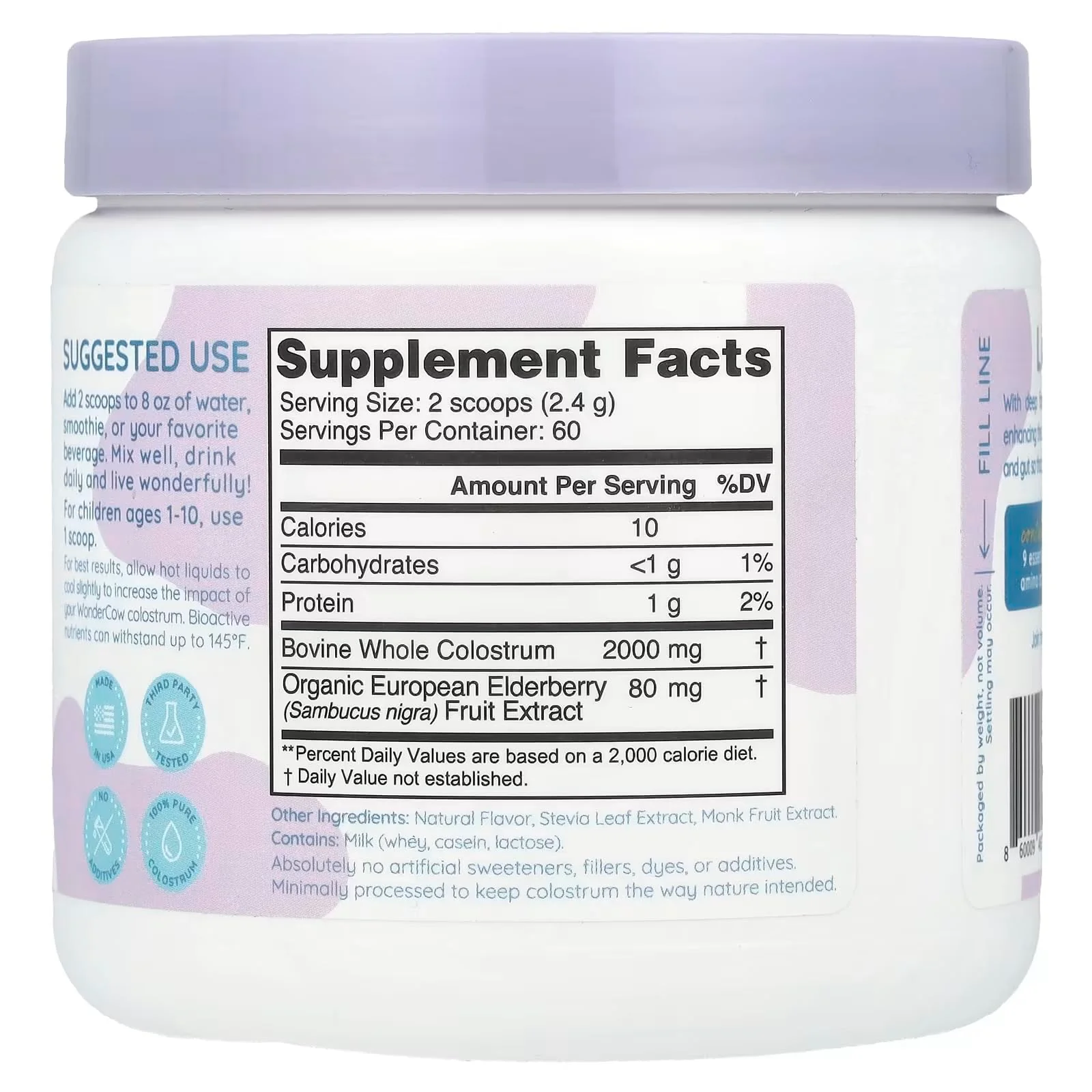 WONDERCOW Colostrum Supplement Powder for Gut Health, Immune Support & Wellness | Natural IgG Pure Whole Bovine Colostrum Superfood, Elderberry, 60 Servings