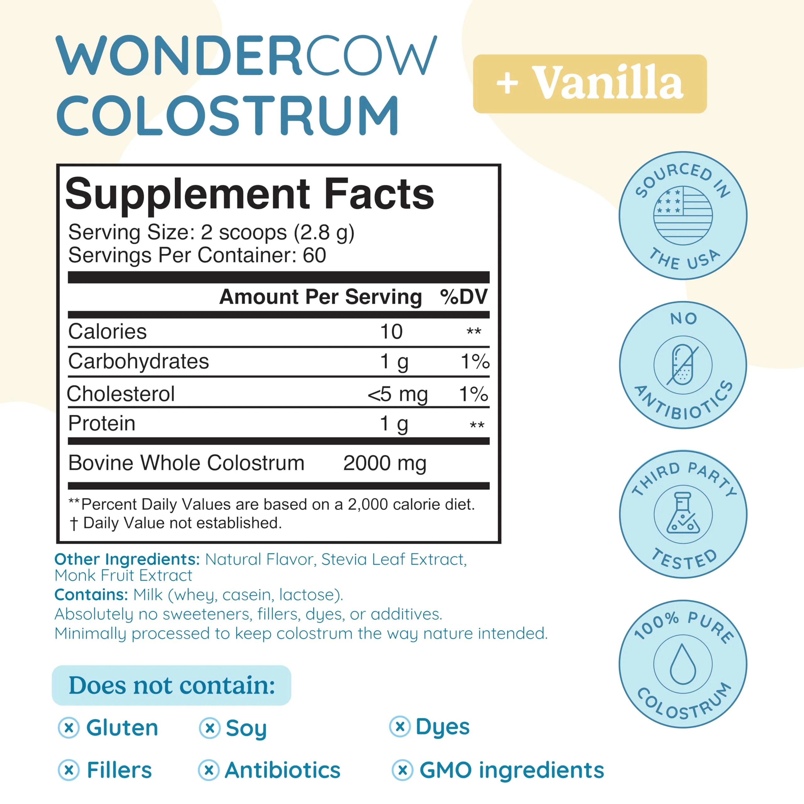 WONDERCOW Colostrum Supplement Powder for Gut Health, Immune Support & Wellness | Natural IgG Pure Whole Bovine Colostrum Superfood, Vanilla, 60 Servings - Image 2