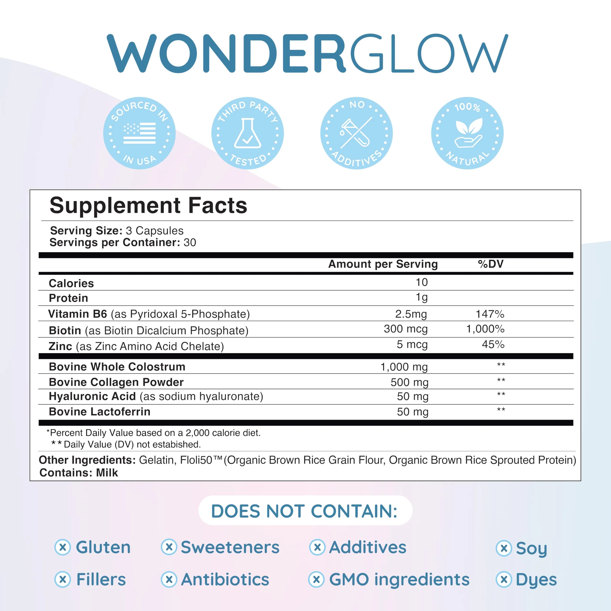 WONDERCOW Hair Skin and Nails Vitamins w/Bovine Colostrum, Collagen, Hyaluronic Acid, Biotin, Zinc, & Lactoferrin┃Supports Faster Hair Growth, Stronger Nails and Glowing Skin (30 Servings, Capsule) - Image 7