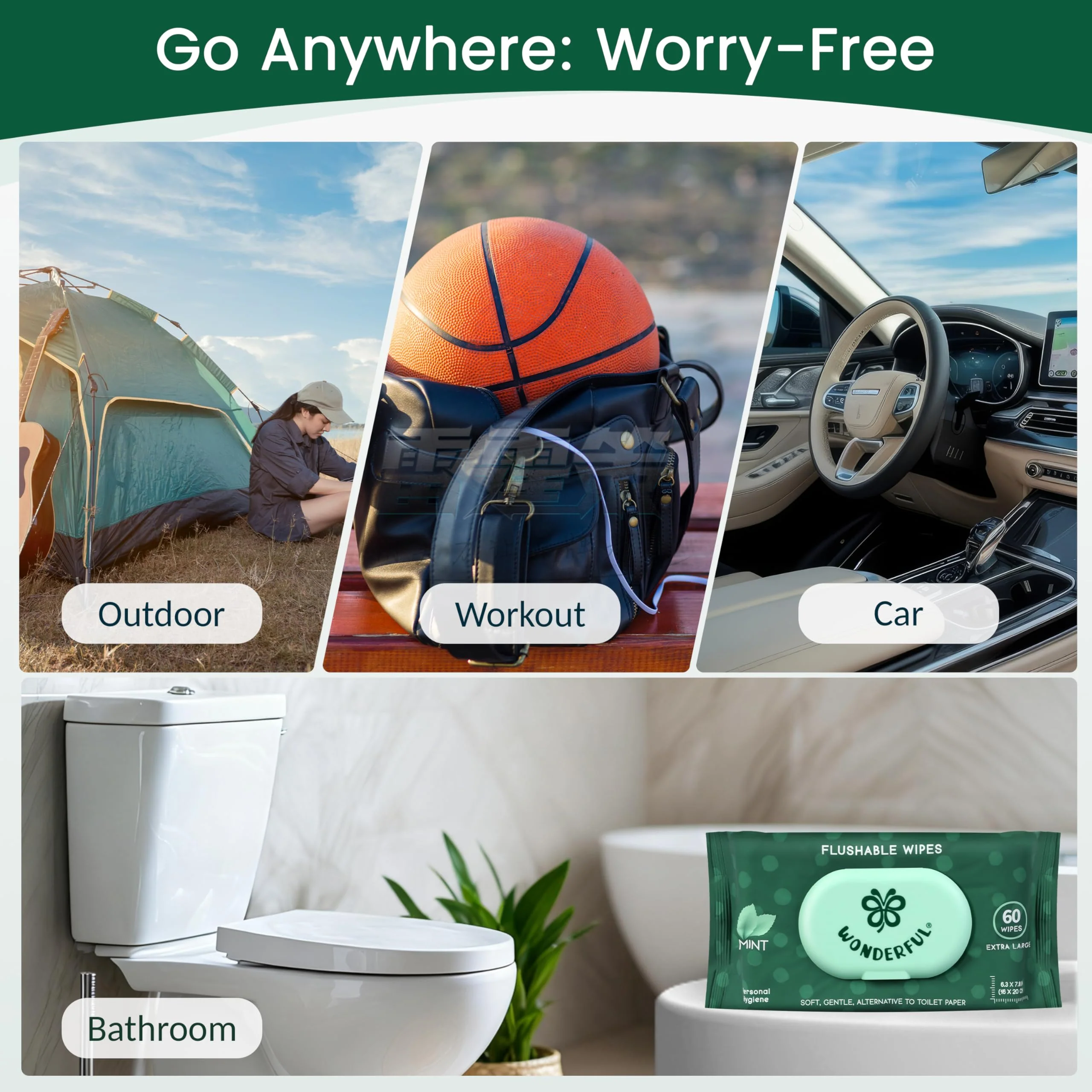 WONDERFUL Flushable Wipes, Mint 100% Plant-Based Wet Butt Wipe for Adults & Kids, Sewer Septic Safe, Gentle for Sensitive Skin, Wipes Flushable Pack for Bathroom & Travel, 6-Pack (360 Counts) - Image 3