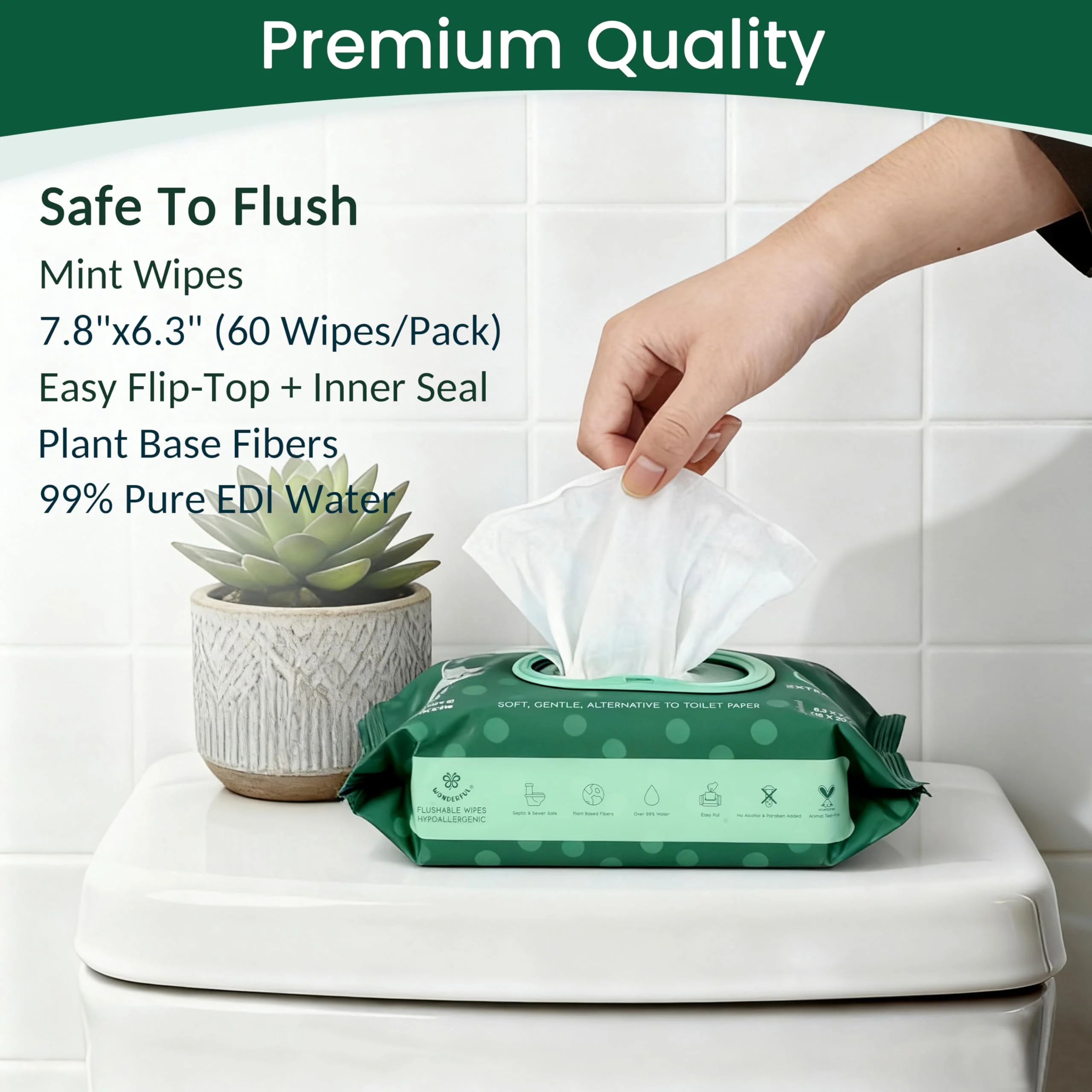 WONDERFUL Flushable Wipes, Mint 100% Plant-Based Wet Butt Wipe for Adults & Kids, Sewer Septic Safe, Gentle for Sensitive Skin, Wipes Flushable Pack for Bathroom & Travel, 6-Pack (360 Counts) - Image 8