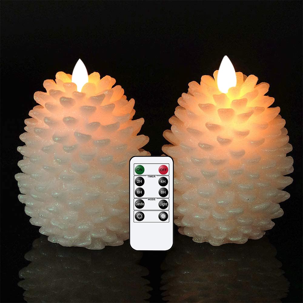 Wondise Pine Cone Flameless Flickering Candles with Remote and Timer, Set of 2 Battery Operated LED Candles Real Wax Christmas Home Decoration Candle(3.5 x 4.7 Inches, White) - Image 2