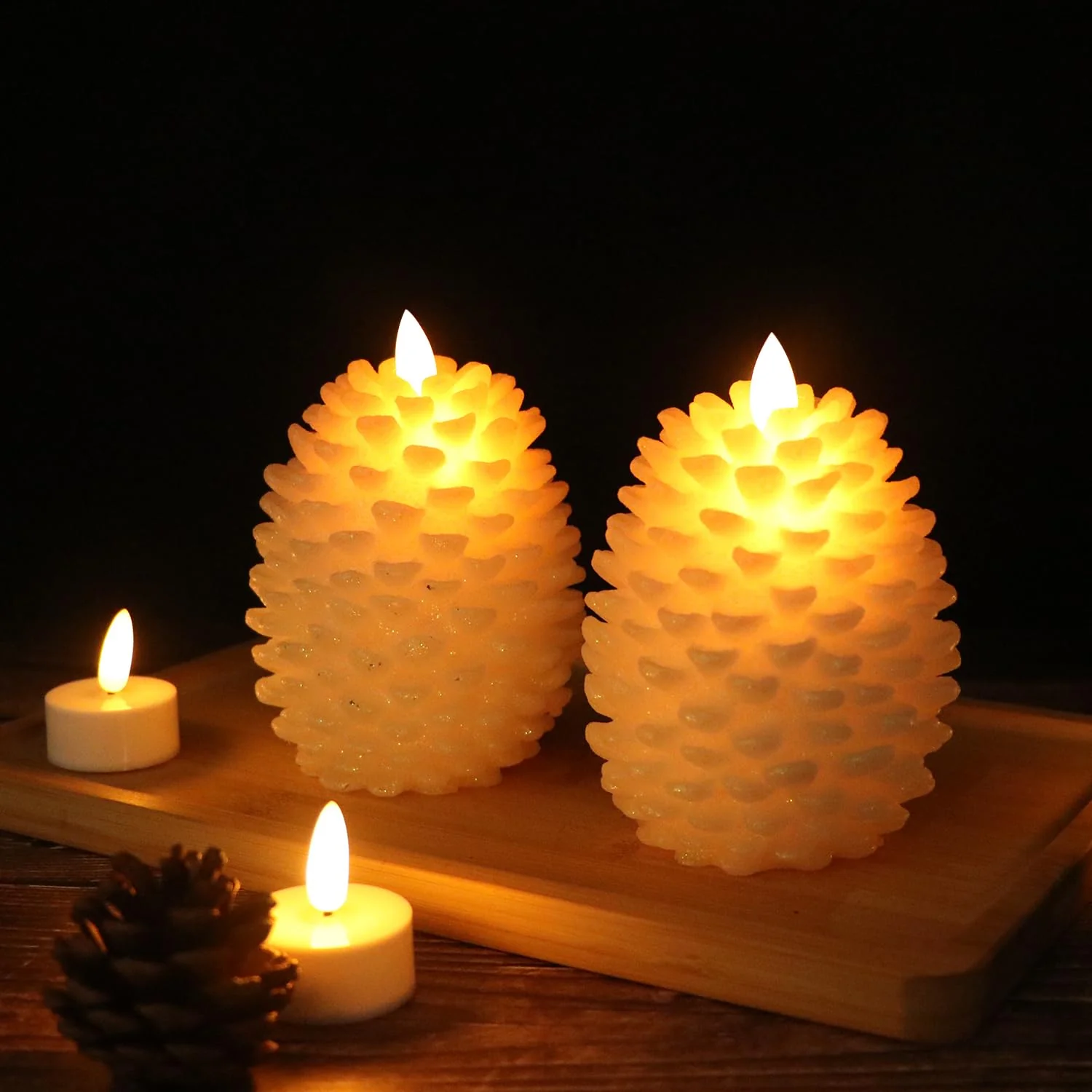 Wondise Pine Cone Flameless Flickering Candles with Remote and Timer, Set of 2 Battery Operated LED Candles Real Wax Christmas Home Decoration Candle(3.5 x 4.7 Inches, White) - Image 3
