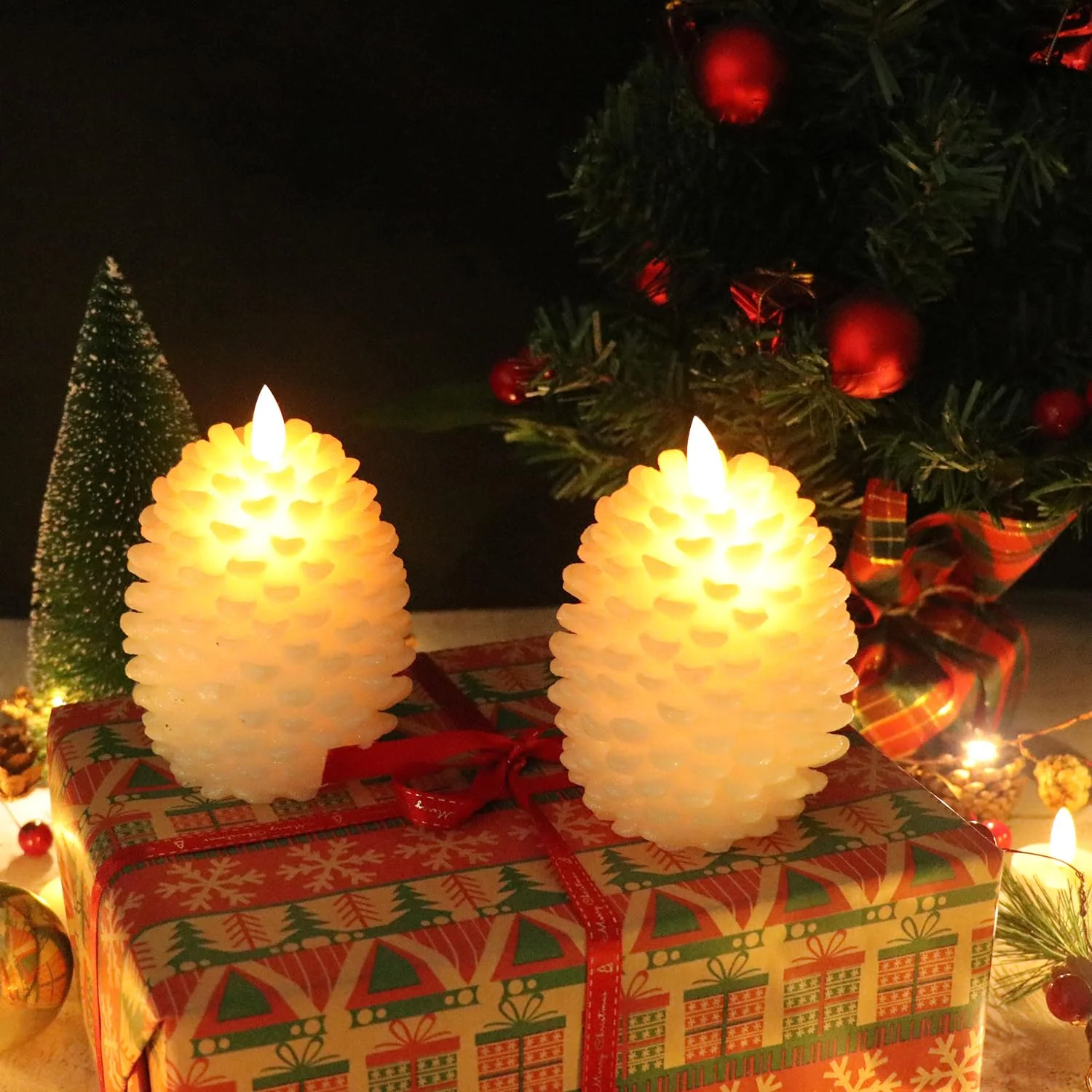 Wondise Pine Cone Flameless Flickering Candles with Remote and Timer, Set of 2 Battery Operated LED Candles Real Wax Christmas Home Decoration Candle(3.5 x 4.7 Inches, White) - Image 5