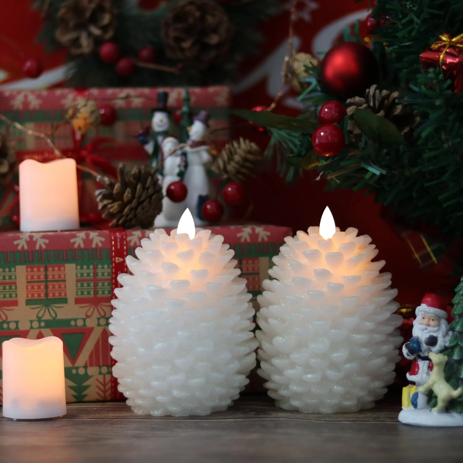 Wondise Pine Cone Flameless Flickering Candles with Remote and Timer, Set of 2 Battery Operated LED Candles Real Wax Christmas Home Decoration Candle(3.5 x 4.7 Inches, White) - Image 7