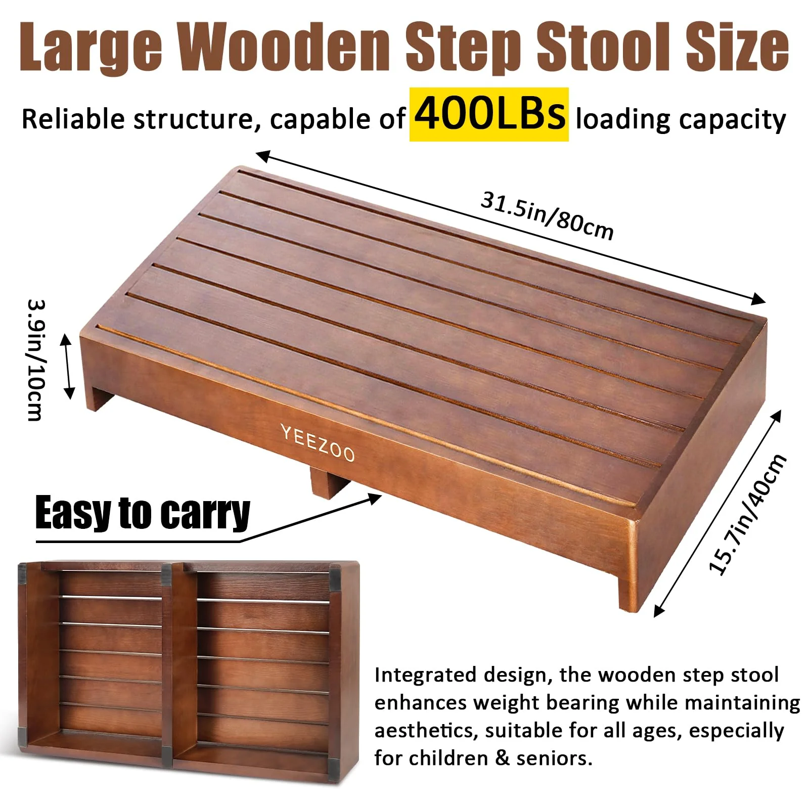 Wooden one Step Stool- Solid Pine Wood Step Riser with Non-Slip Pads, Wood Step Stool for Elderly Adults, high Bed, Bathroom, Kitchen (31.5" L*15.7" W*3.9" H, Brown, 400LBs Capacity) - Image 3