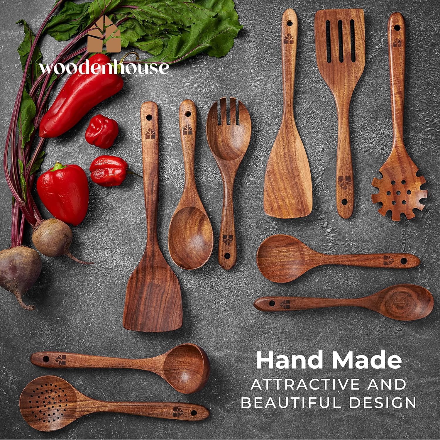 Wooden Spoons for Cooking – 10 Pcs Teak Wood Utensil Set, Durable, Nonstick Safe & Heat Resistant with Ergonomic Handles - Image 7