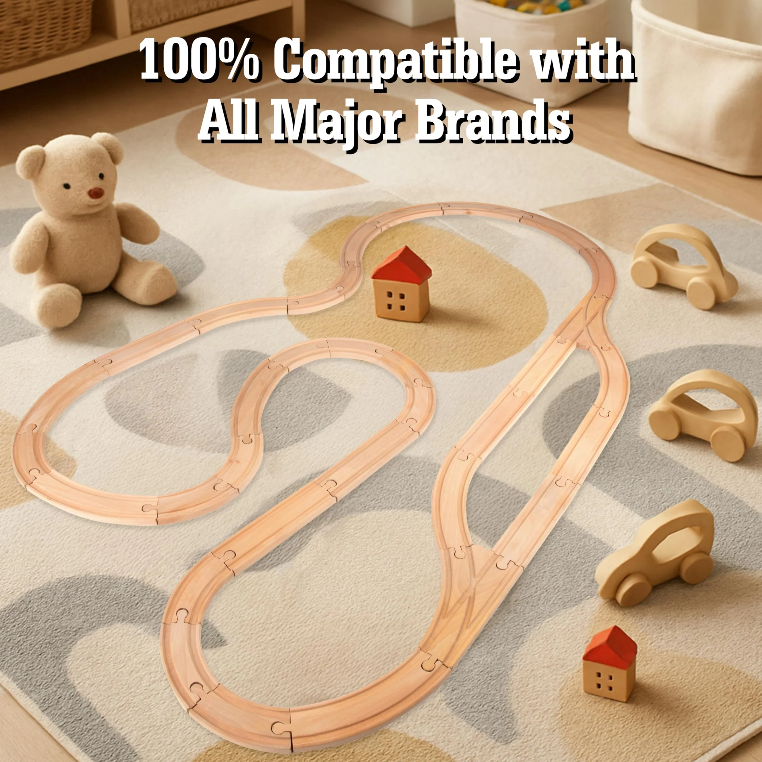 Wooden Train Track 52 Piece Set-18 Feet Of Track Expansion - 5 Distinct Pieces - 100% Compatible with All Major Brands Including Thomas Wooden Railway System: Screen Free Christmas Gift For Toddlers - Image 5