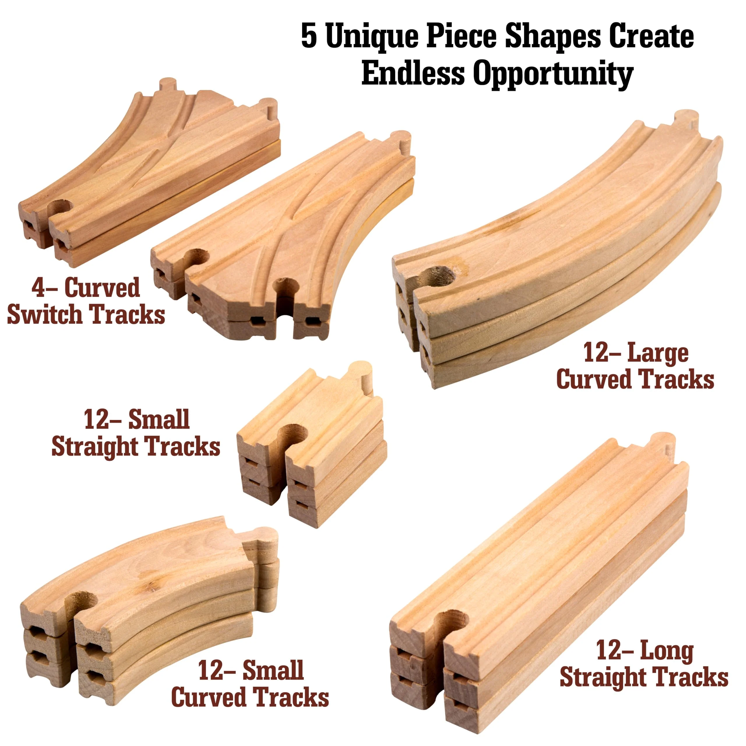 Wooden Train Track 52 Piece Set-18 Feet Of Track Expansion - 5 Distinct Pieces - 100% Compatible with All Major Brands Including Thomas Wooden Railway System: Screen Free Christmas Gift For Toddlers - Image 7