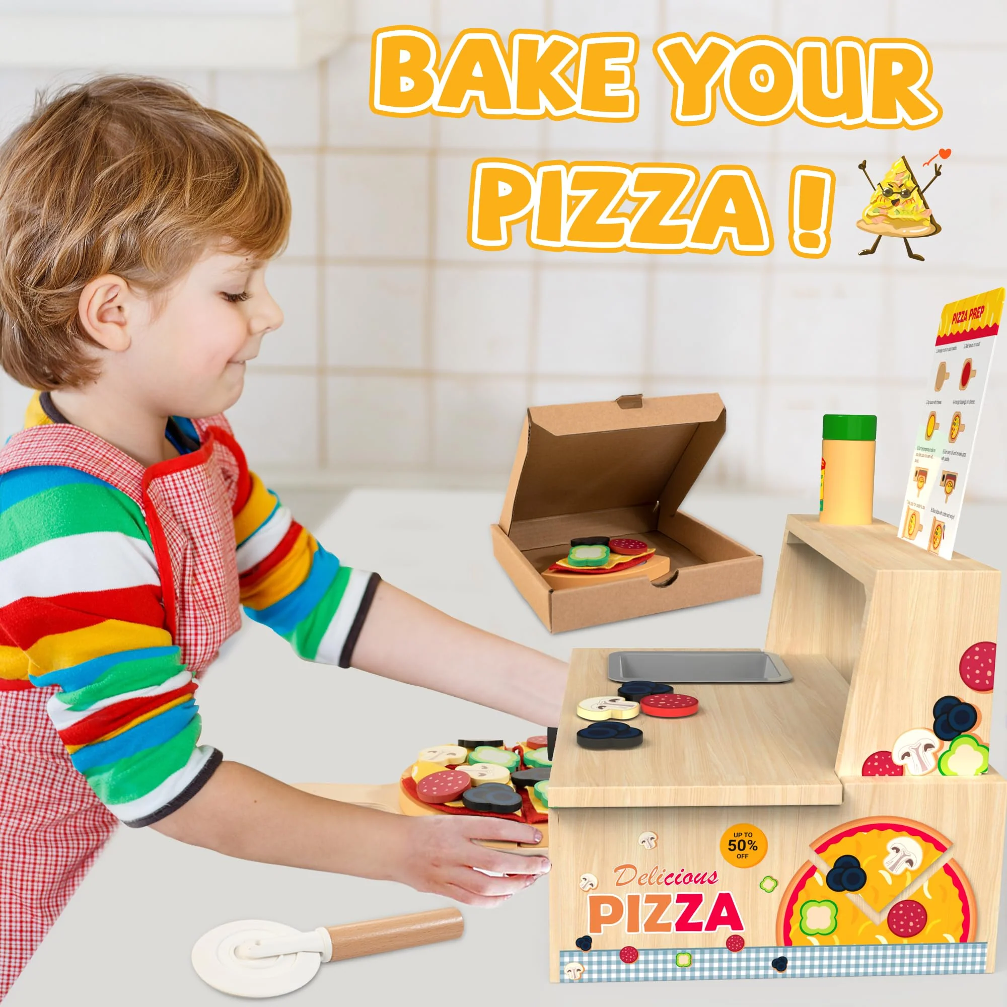 WOODMAM Wooden Pizza Toy - 48 PCS Montessori Pretend Play Food for Ages 3+, Educational Learning Toy Wooden Playset with Bake Oven, Christmas Birthday Gift for 3 4 5 6 Year Old - Image 3