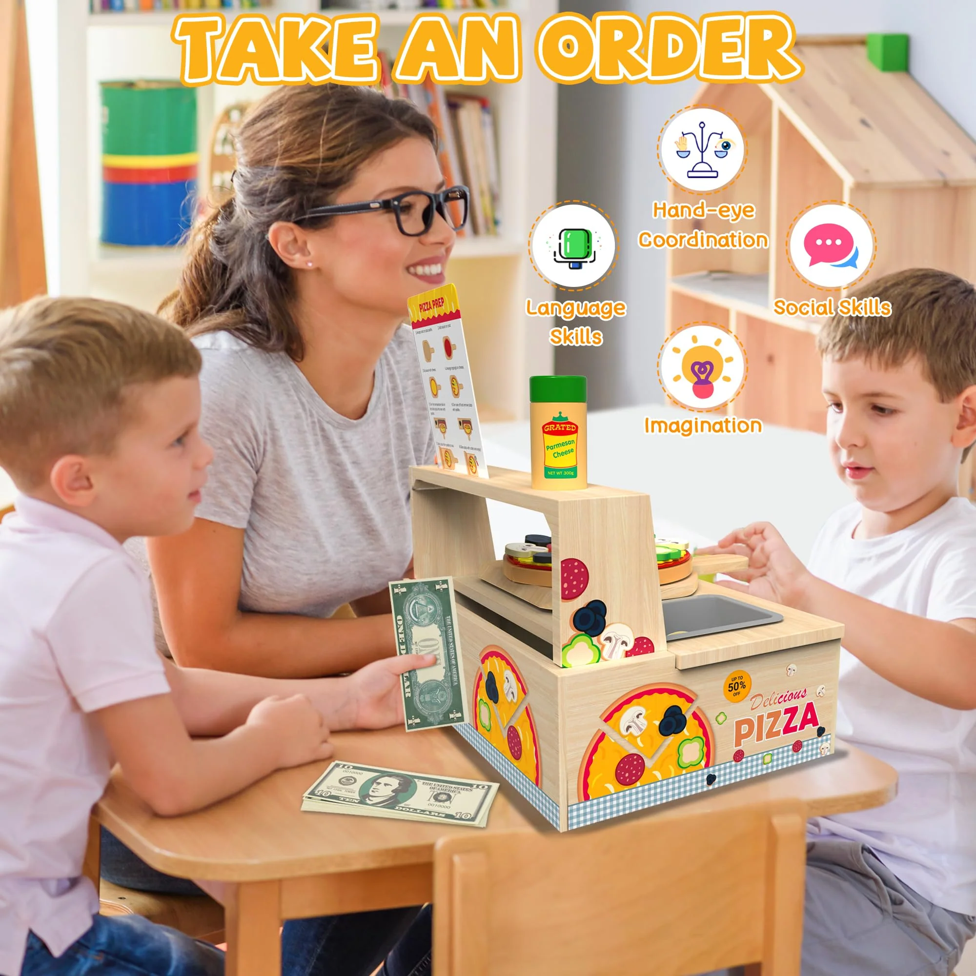 WOODMAM Wooden Pizza Toy - 48 PCS Montessori Pretend Play Food for Ages 3+, Educational Learning Toy Wooden Playset with Bake Oven, Christmas Birthday Gift for 3 4 5 6 Year Old - Image 4