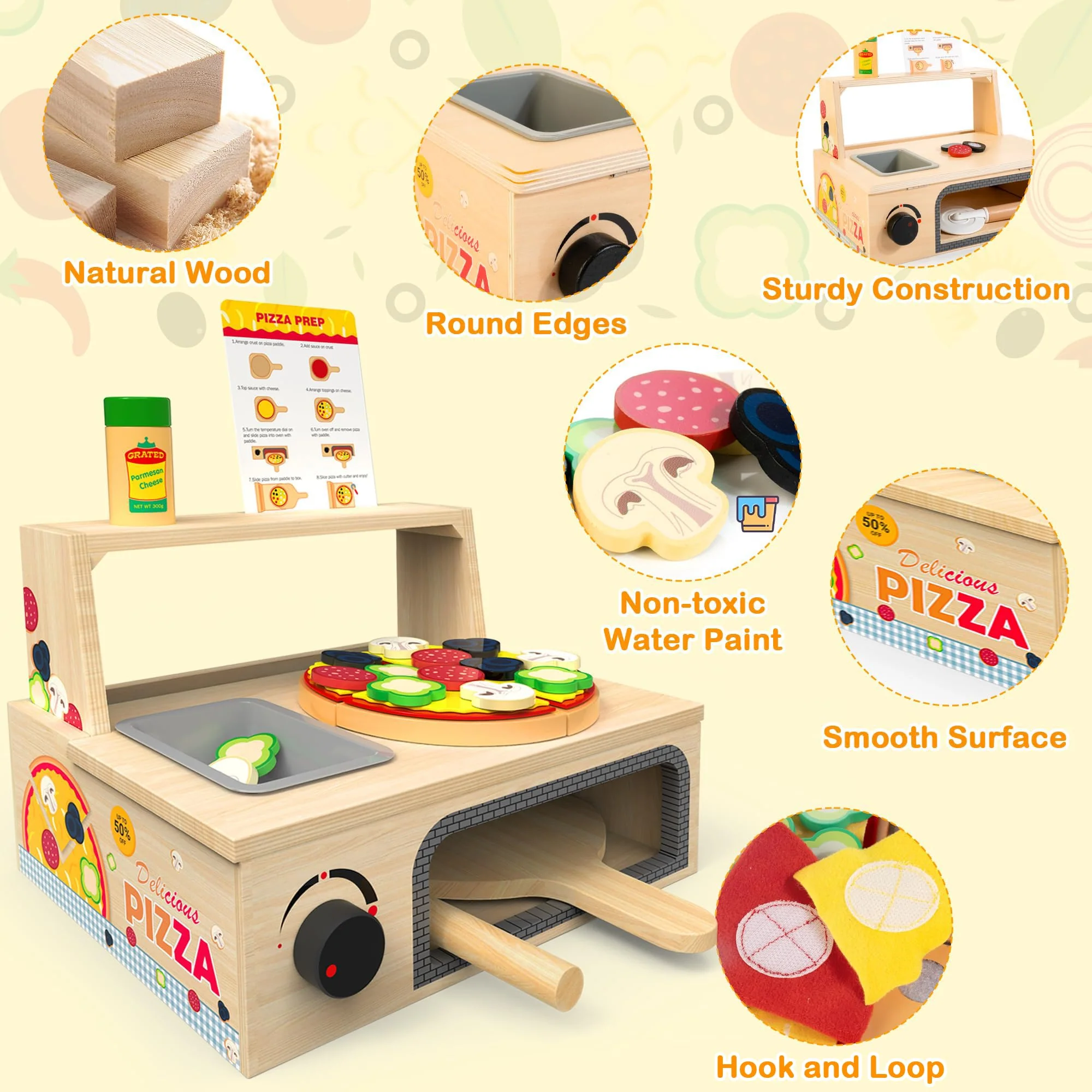 WOODMAM Wooden Pizza Toy - 48 PCS Montessori Pretend Play Food for Ages 3+, Educational Learning Toy Wooden Playset with Bake Oven, Christmas Birthday Gift for 3 4 5 6 Year Old - Image 5