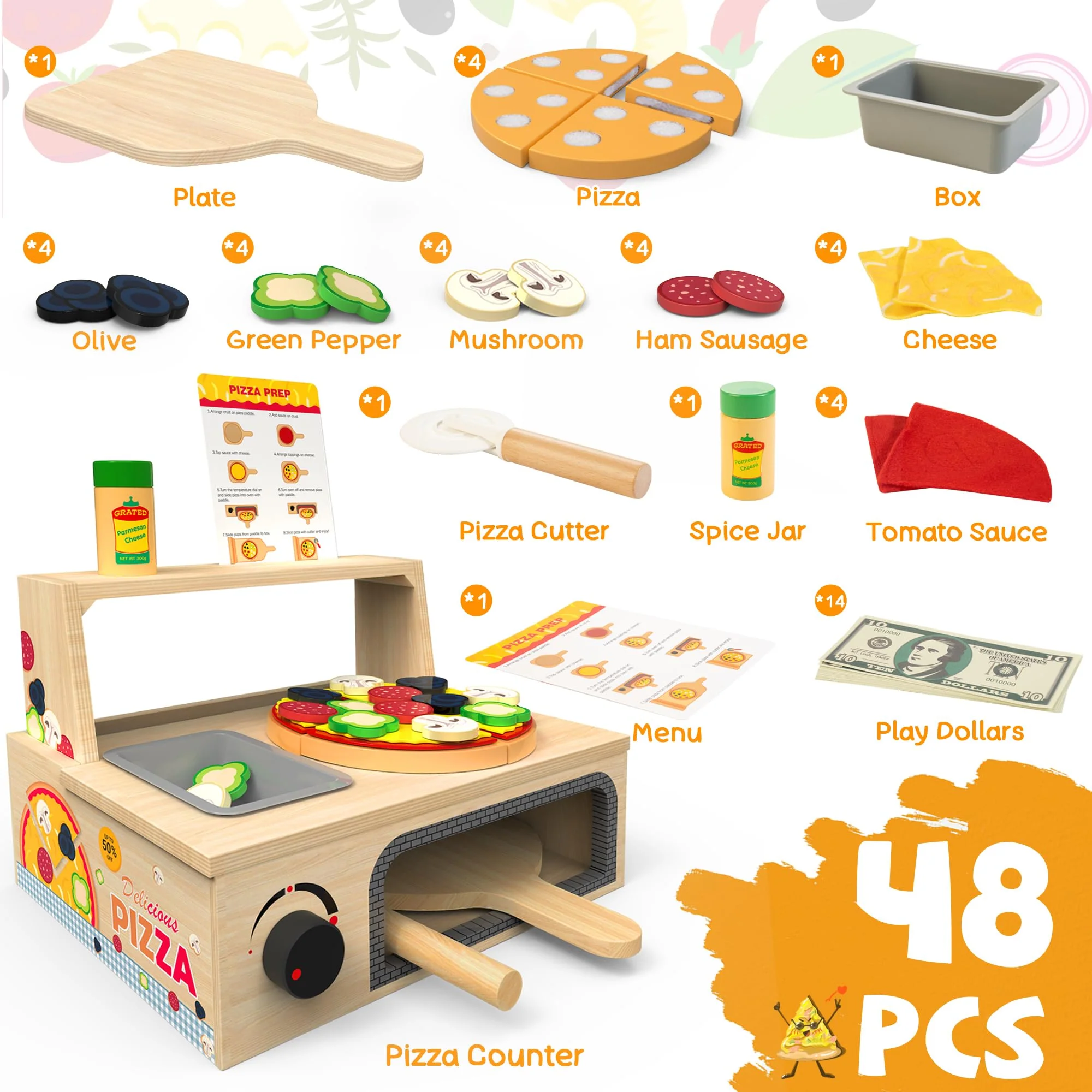 WOODMAM Wooden Pizza Toy - 48 PCS Montessori Pretend Play Food for Ages 3+, Educational Learning Toy Wooden Playset with Bake Oven, Christmas Birthday Gift for 3 4 5 6 Year Old - Image 7