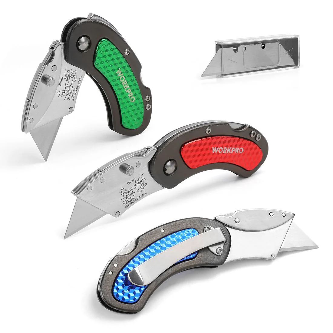 WORKPRO Folding Utility Knife Set Quick Change Blade, Back-lock Mechanism 3-piece with 10-piece Extra Blades - Image 2