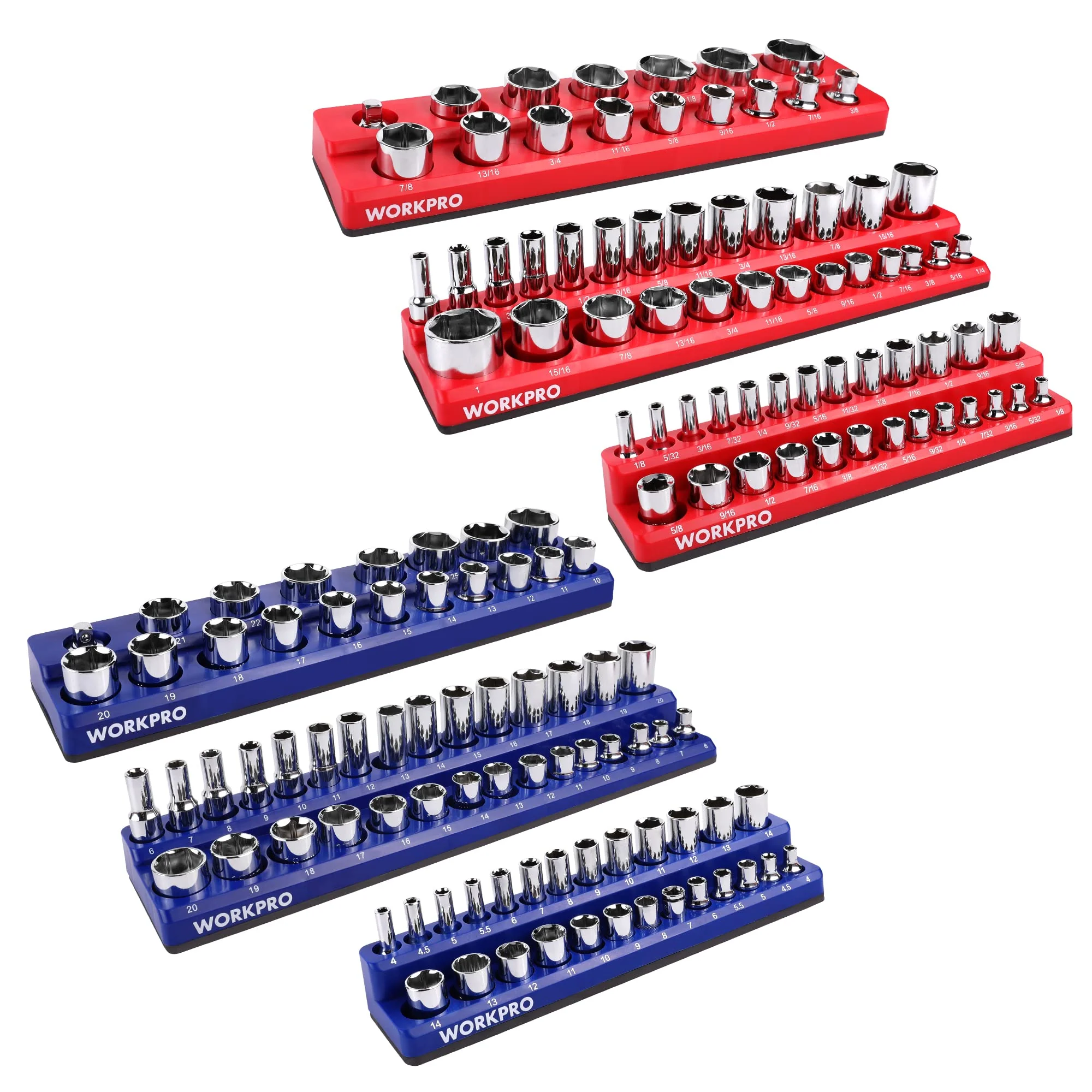 WORKPRO Magnetic Socket Organizer Set, 6-Piece Socket Holder Set Includes 1/4", 3/8", 1/2" Drive Metric SAE Socket Trays, Holds 143 Pieces Sockets, Christmas Gift for Men(Socket not Included) - Image 2