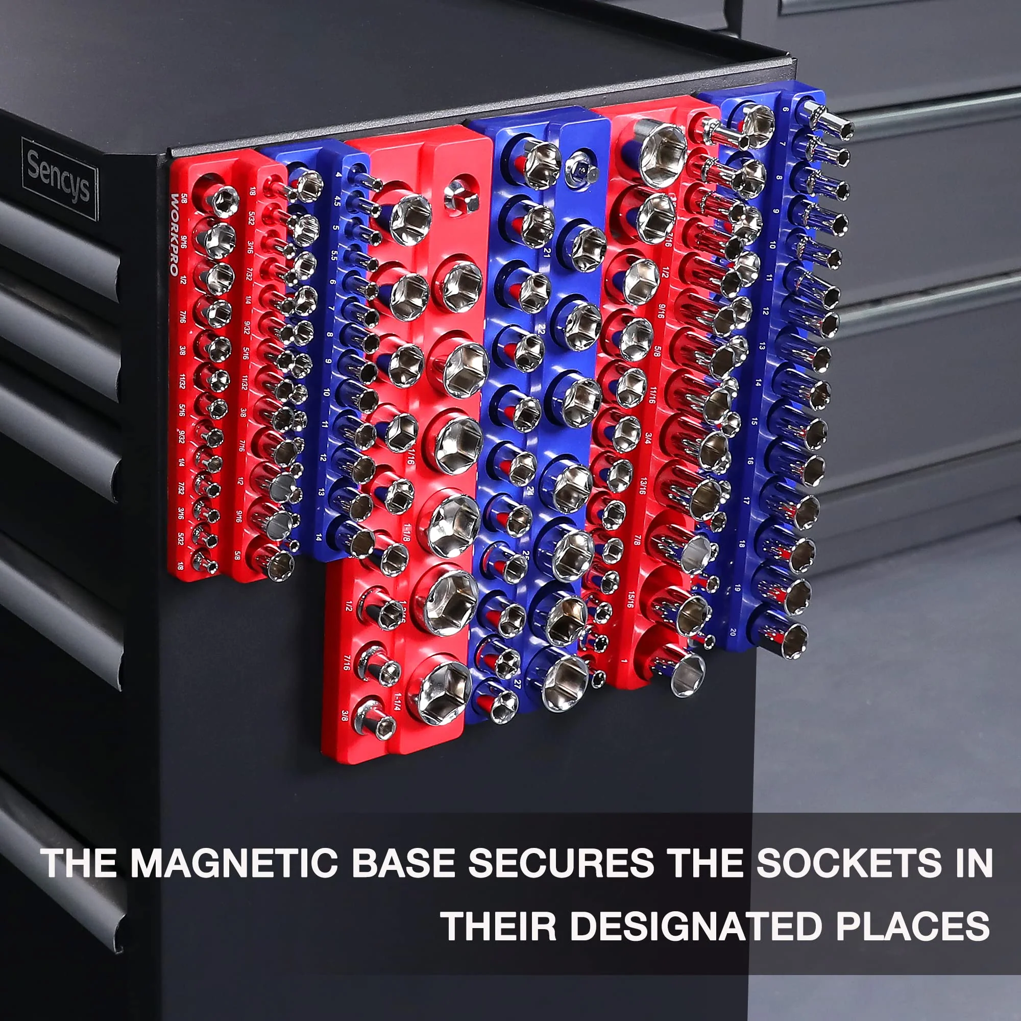WORKPRO Magnetic Socket Organizer Set, 6-Piece Socket Holder Set Includes 1/4", 3/8", 1/2" Drive Metric SAE Socket Trays, Holds 143 Pieces Sockets, Christmas Gift for Men(Socket not Included) - Image 3