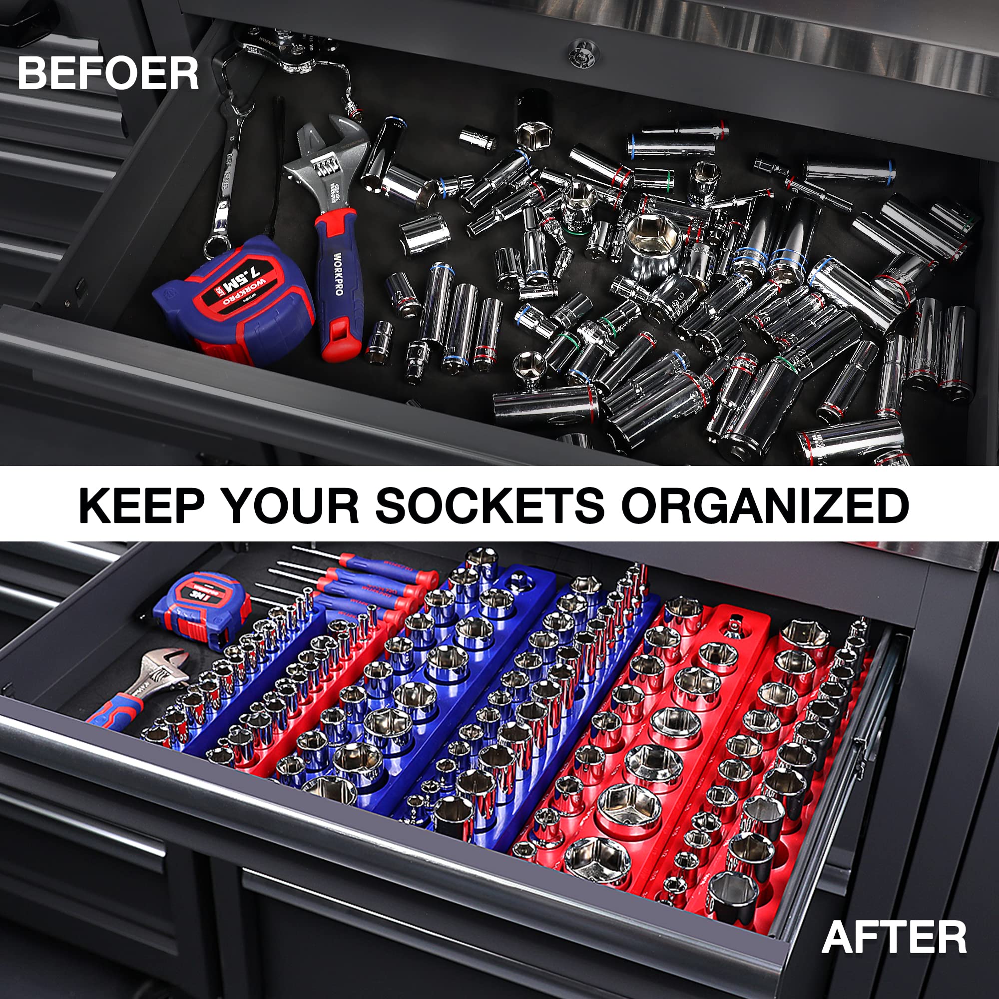 WORKPRO Magnetic Socket Organizer Set, 6-Piece Socket Holder Set Includes 1/4", 3/8", 1/2" Drive Metric SAE Socket Trays, Holds 143 Pieces Sockets, Christmas Gift for Men(Socket not Included) - Image 4
